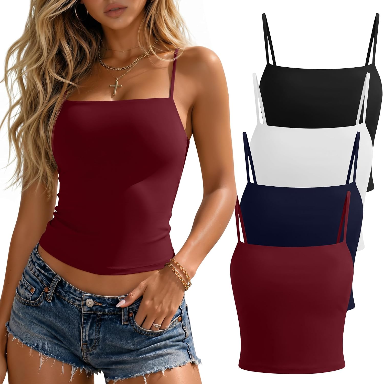 4 Pack Women's Double Lined Tank Tops Camisole Spaghetti Strap Tops Slim Fit Cami Undershirts for Summer Layering
