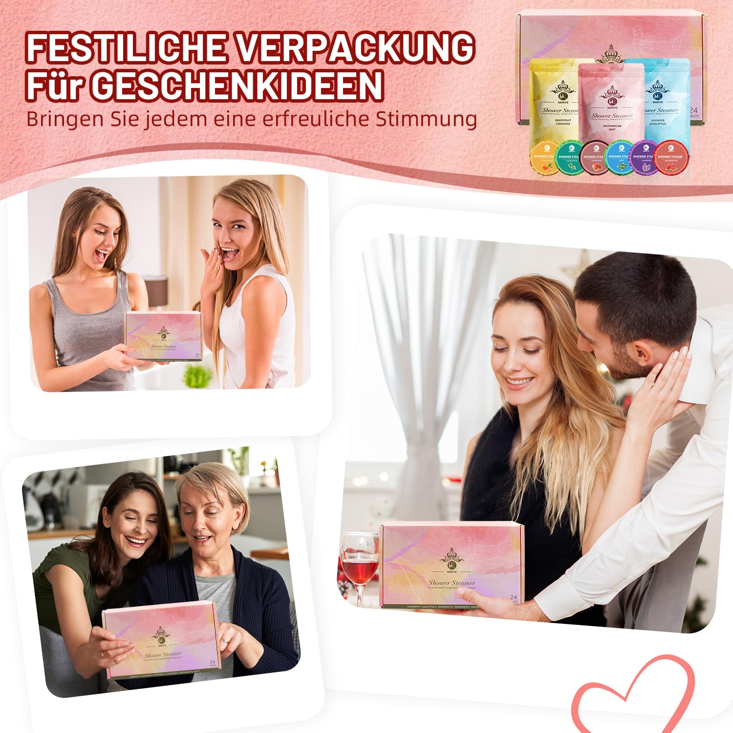 Shower Steamers Aromatherapie, Geschenke für Frauen Männer, Shower supplement Für Frauen, 24 Stück mit 6 Düften, Geburtstagsgeschenk für Freundin Mama, Home Spa Self Care Relaxation Valentine's Gift