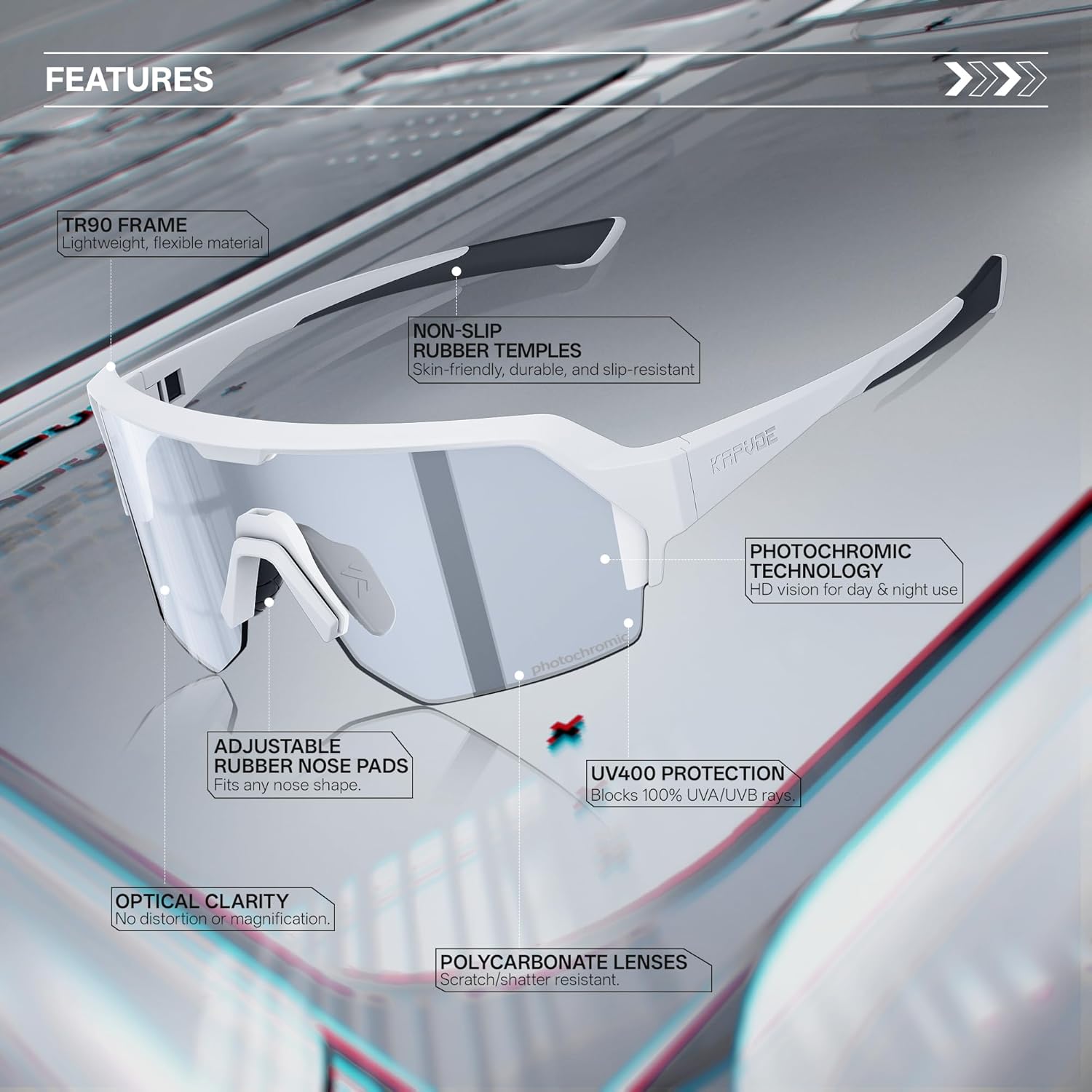 KAPVOE Photochromic Cycling Glasses for Men Women with UV400 Protection Sports Sunglasses for Biking Running MTB K360