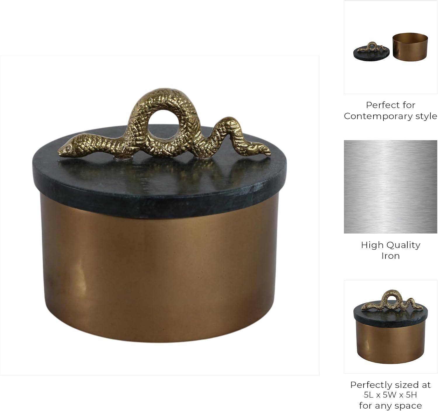 Modern Decorative Box for Home Decor with Lid – Round Jewelry Box with Sculptural Snake Handle – Compact Home Organizer and Decor Box for Living Room, Bedroom, or Office – 5" Green & Gold