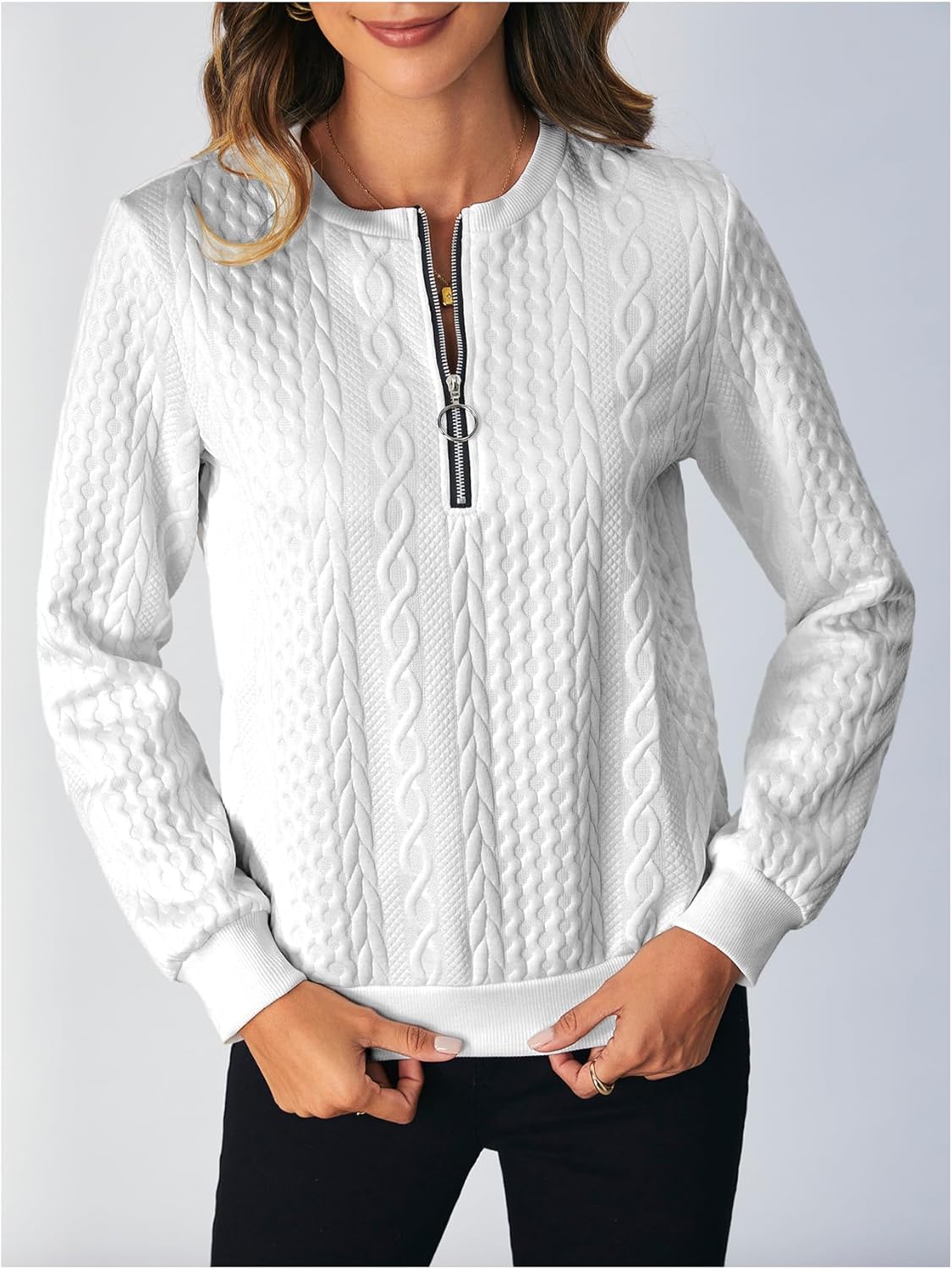 SOLY HUX Women's Half Zip Sweatshirt Crew Neck Long Sleeve Cable Knit Pullover Tops - Image 3