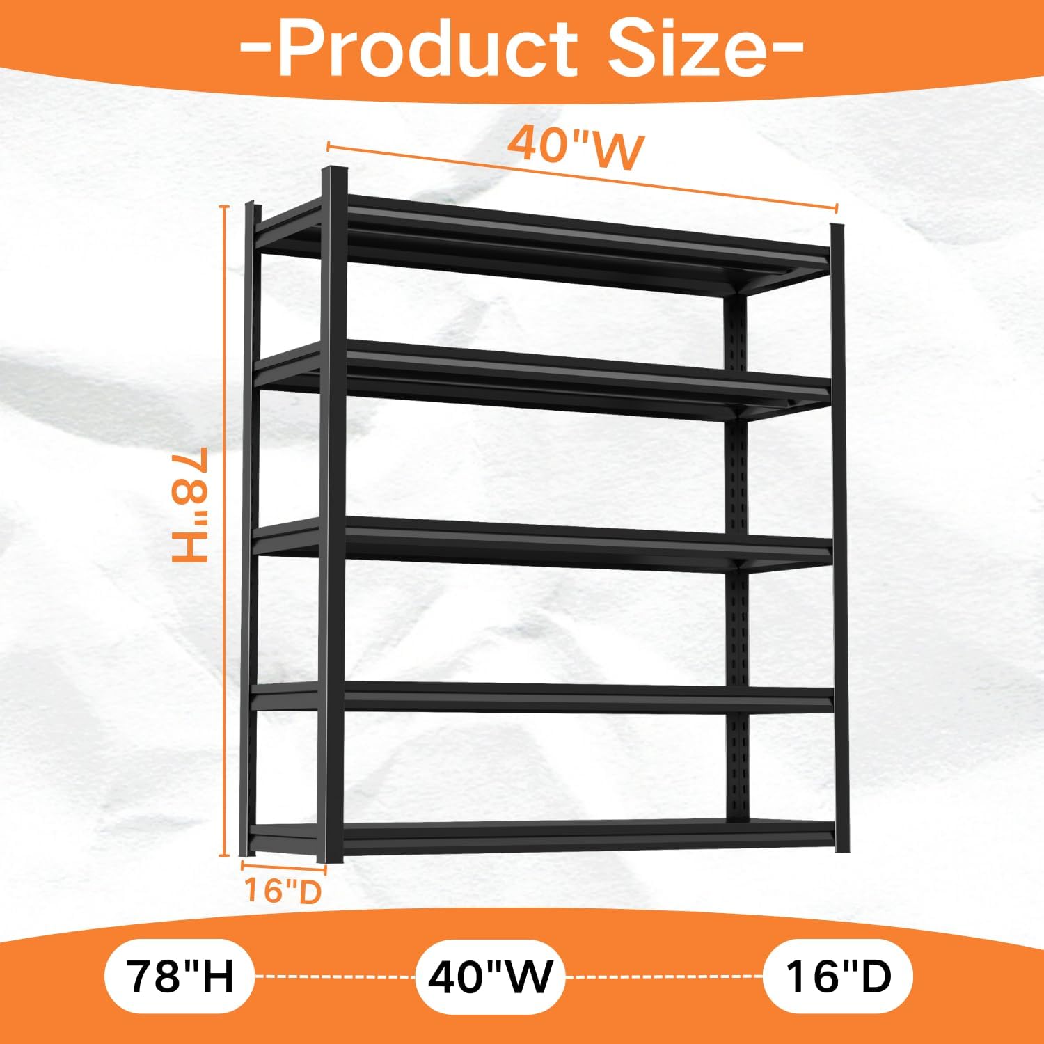 78''H Metal Garage Shelving, 5-Tier Heavy Duty Shelving Unit, Adjustable Garage Storage Shelves, Utility Rack Shelf for Industries, Warehouses, Basement(Black, 78''H*40''W*16''D, 5 Tier)