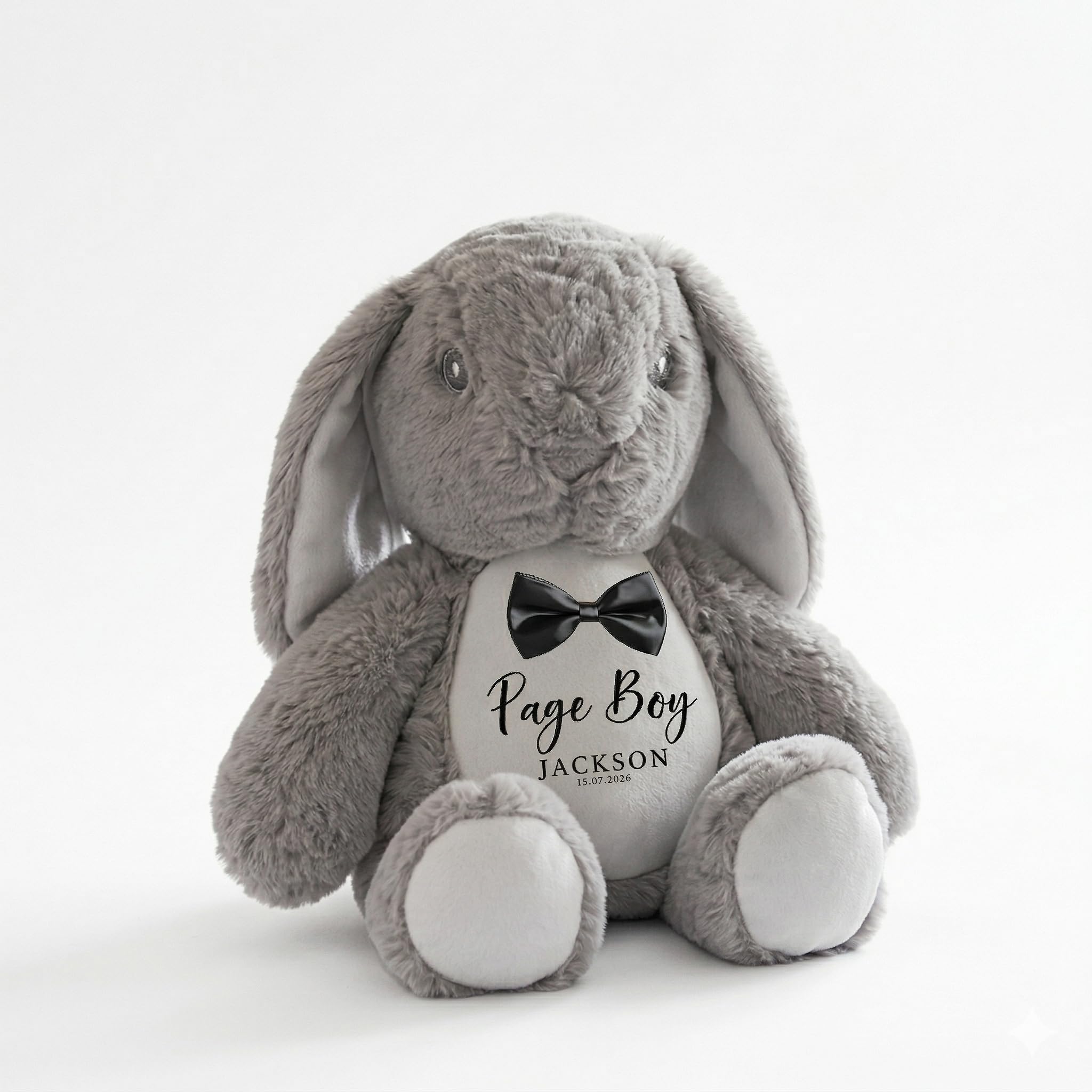 Get Invited Personalised Page Boy Gift – Plush Bunny Soft Toy Keepsake with Custom Name (Grey)