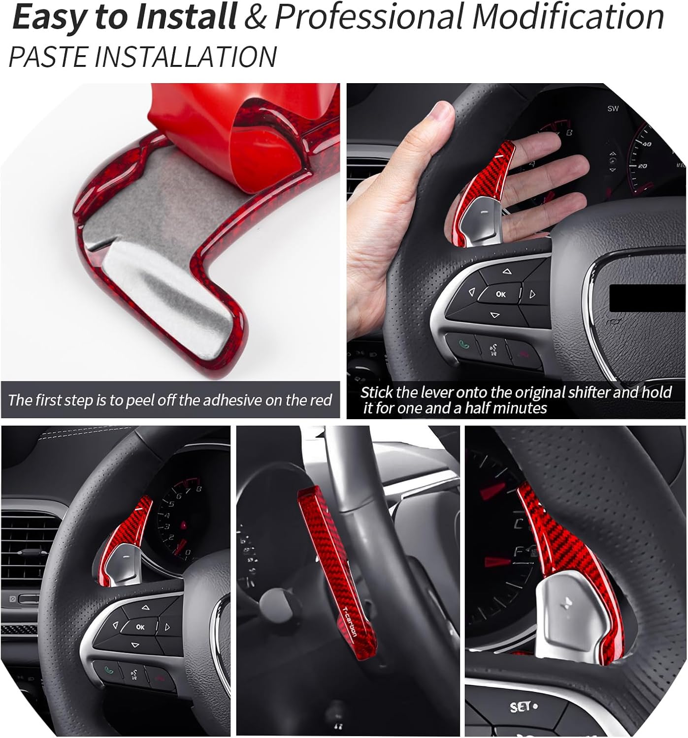 T-carbon Steering Wheel Shifter Paddle Extensions Compatible with Dodge Durango Charger Challenger Hell Cat Version;Fits Chrysler and Fits Jeep Grand Cherokee SRT Style;Real Carbon Fiber Accessories