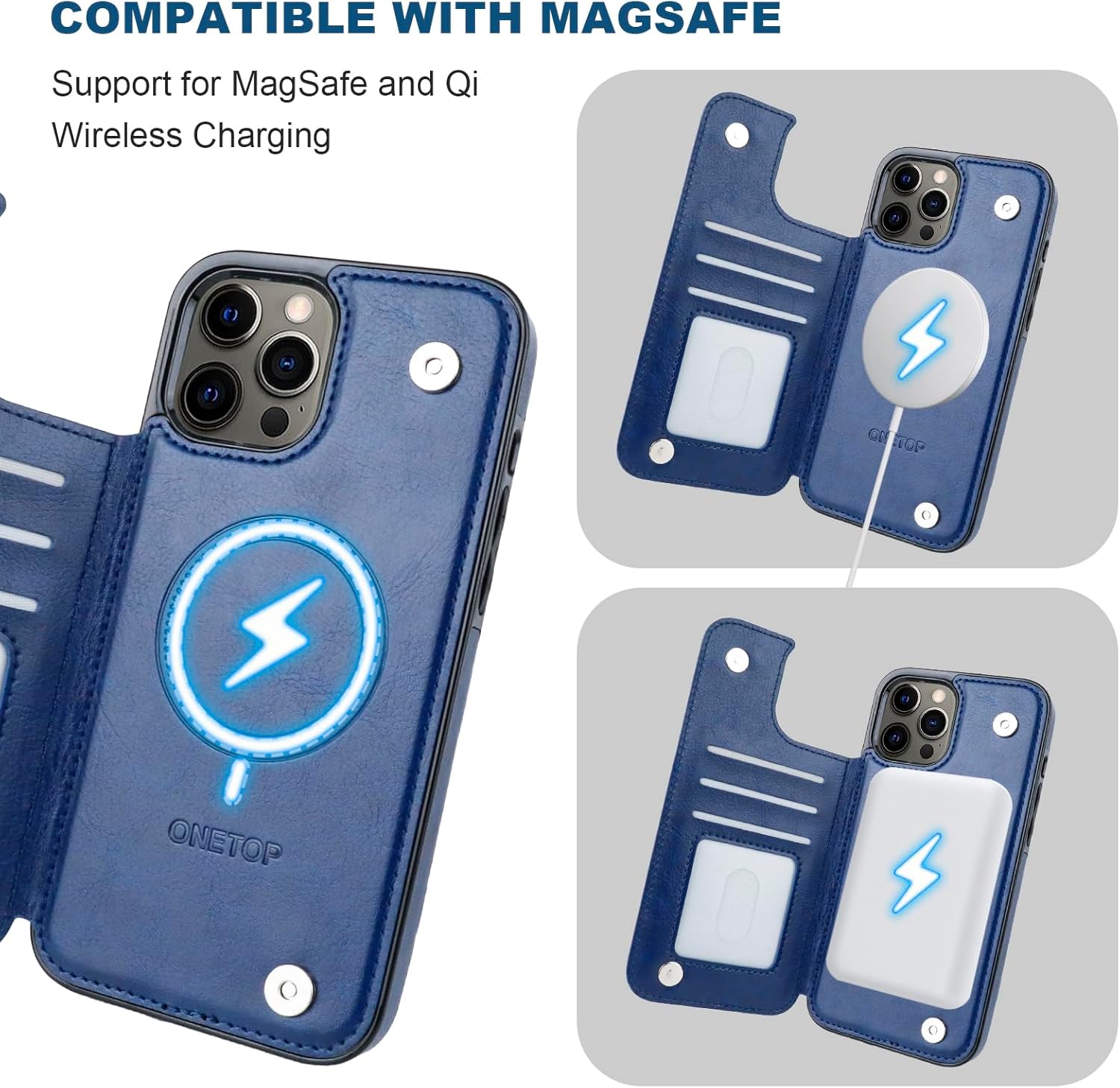 ONETOP Compatible with Magsafe for iPhone 12 Pro Max Wallet Case with Card Holder, PU Leather Kickstand RFID Blocking Case, Double Magnetic Clasp and Durable Shockproof Cover 6.7 Inch (Blue)