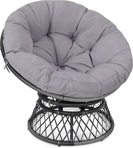 Silla circular Papasan de mimbre de 37 pulgadas, silla giratoria de 360, silla de ratán para interiores y exteriores con cojín grueso, ideal para