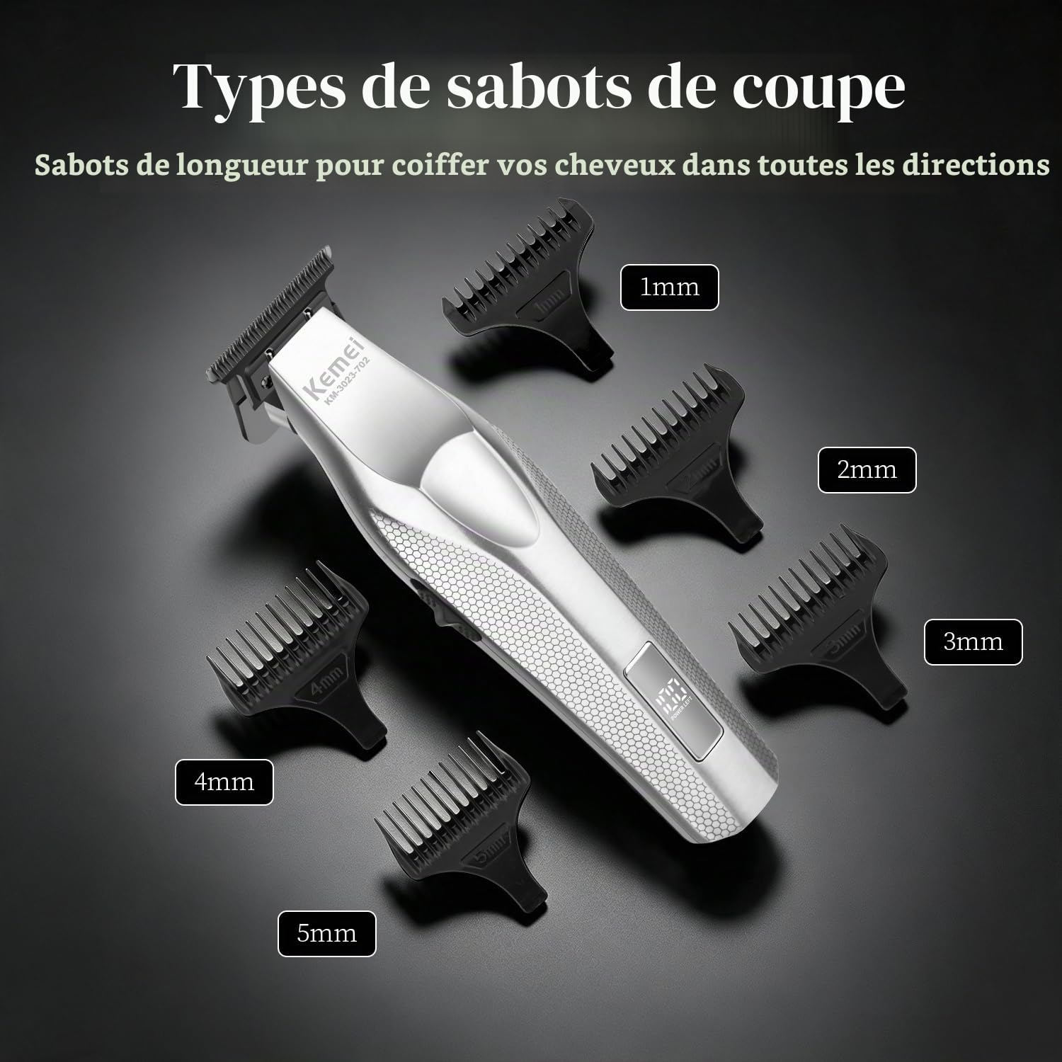 KEMEI KM-3023-702 Tondeuse à cheveux professionnelle pour homme, tondeuse à barbe sans fil sans fil, tondeuse de barbier rechargeable par USB, coupe-bordures, tondeuse à décoloration, cadeau pour