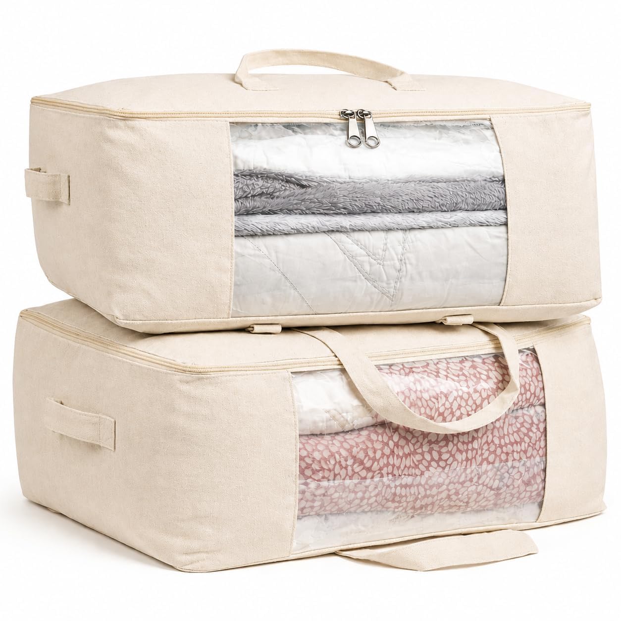 EliteOne Extra Large Cotton Canvas Storage Bag 25x18x8 inch with Zipper, 4 Handles & Window for Sarees, Pillows, Blankets & Seasonal Clothes as Wardrobe Organizer and Under Bed Storage | Pack of 2-image-24