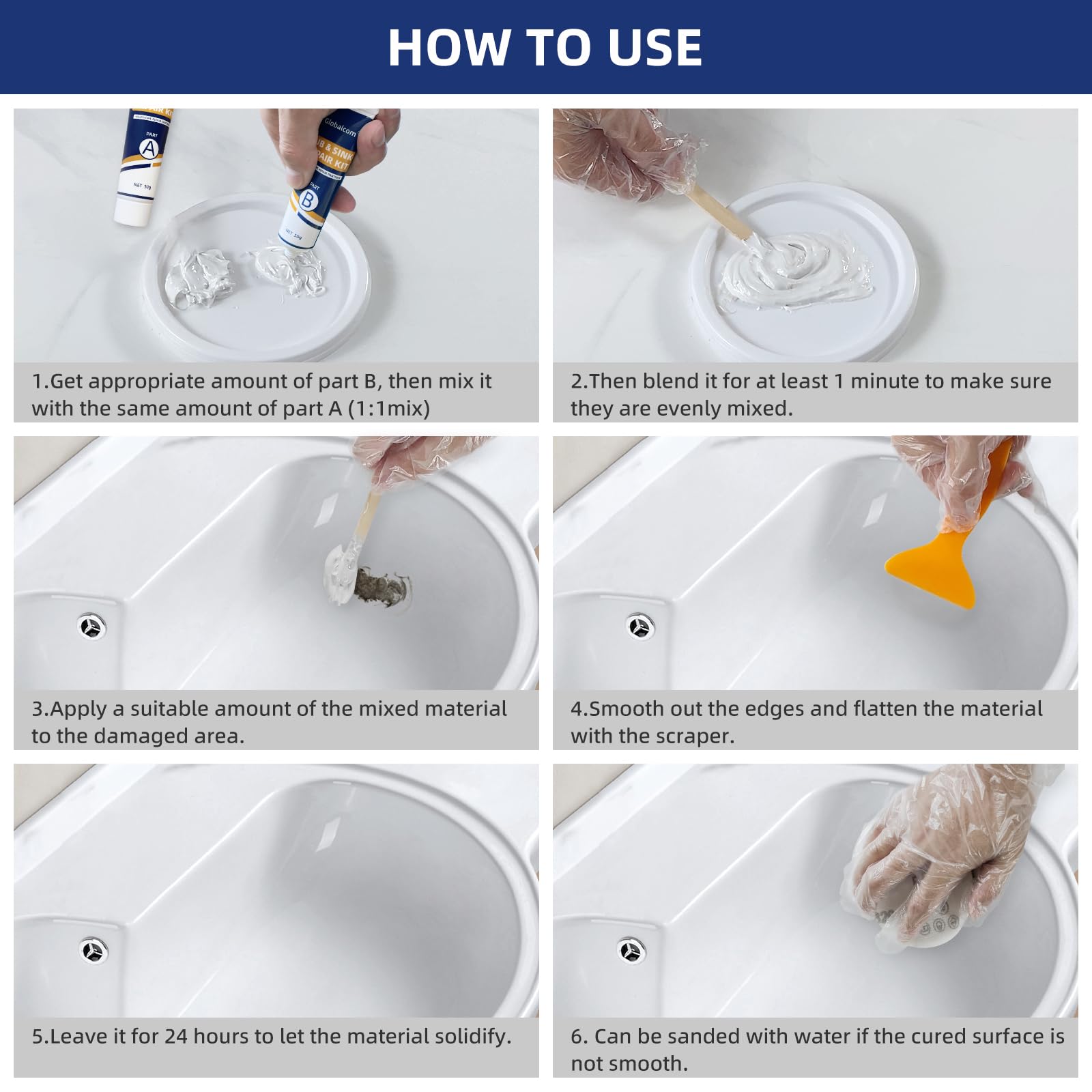 Kit de reparación de bañera, kit de reparación de bañera de fibra de vidrio y fregadero de porcelana, acrílico, esmalte, cerámica, azulejos de inodoro, ducha, reparación de grietas, fragmentos