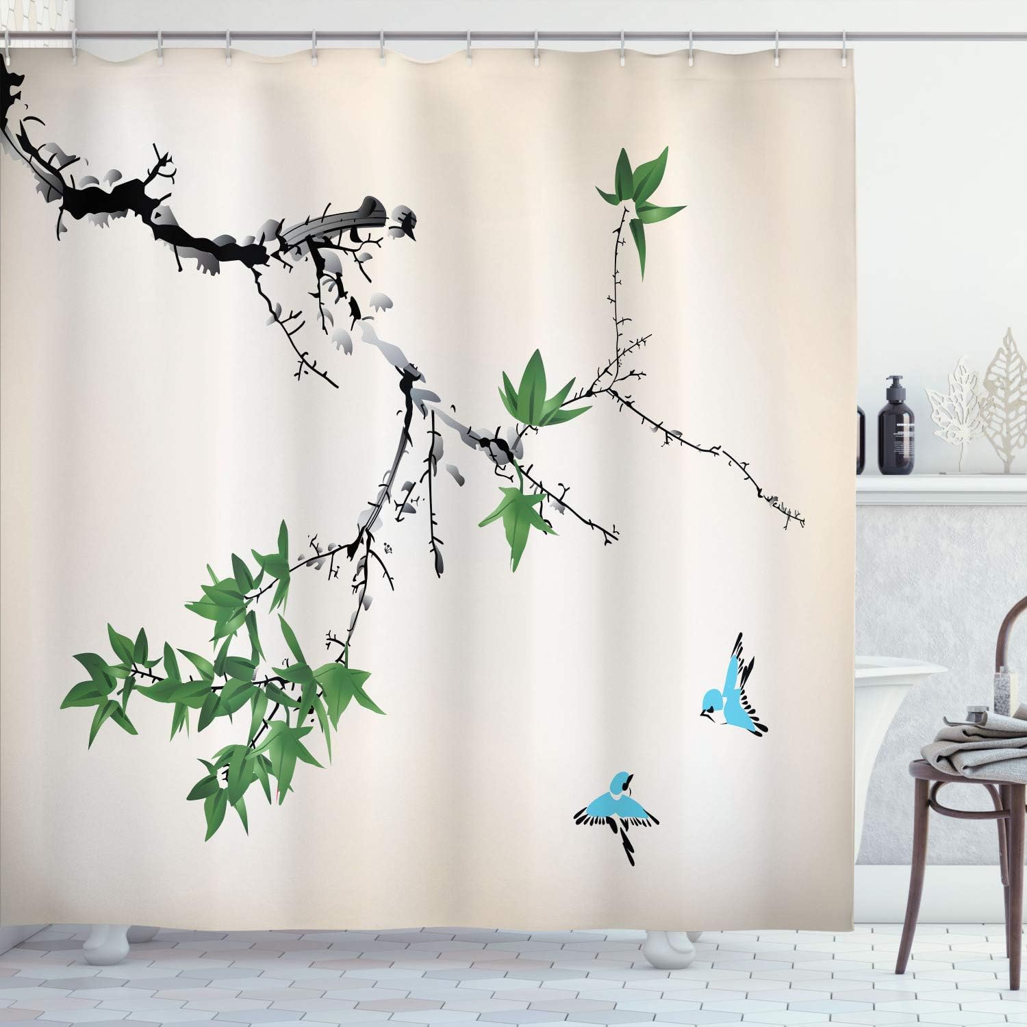 Ambesonne Japanese Shower Curtain, Cherry Blossom Sakura Tree Branches Romantic Spring Themed Watercolor Picture, Cloth Fabric Bathroom Decor Set with Hooks, 75" Long, Fern Green