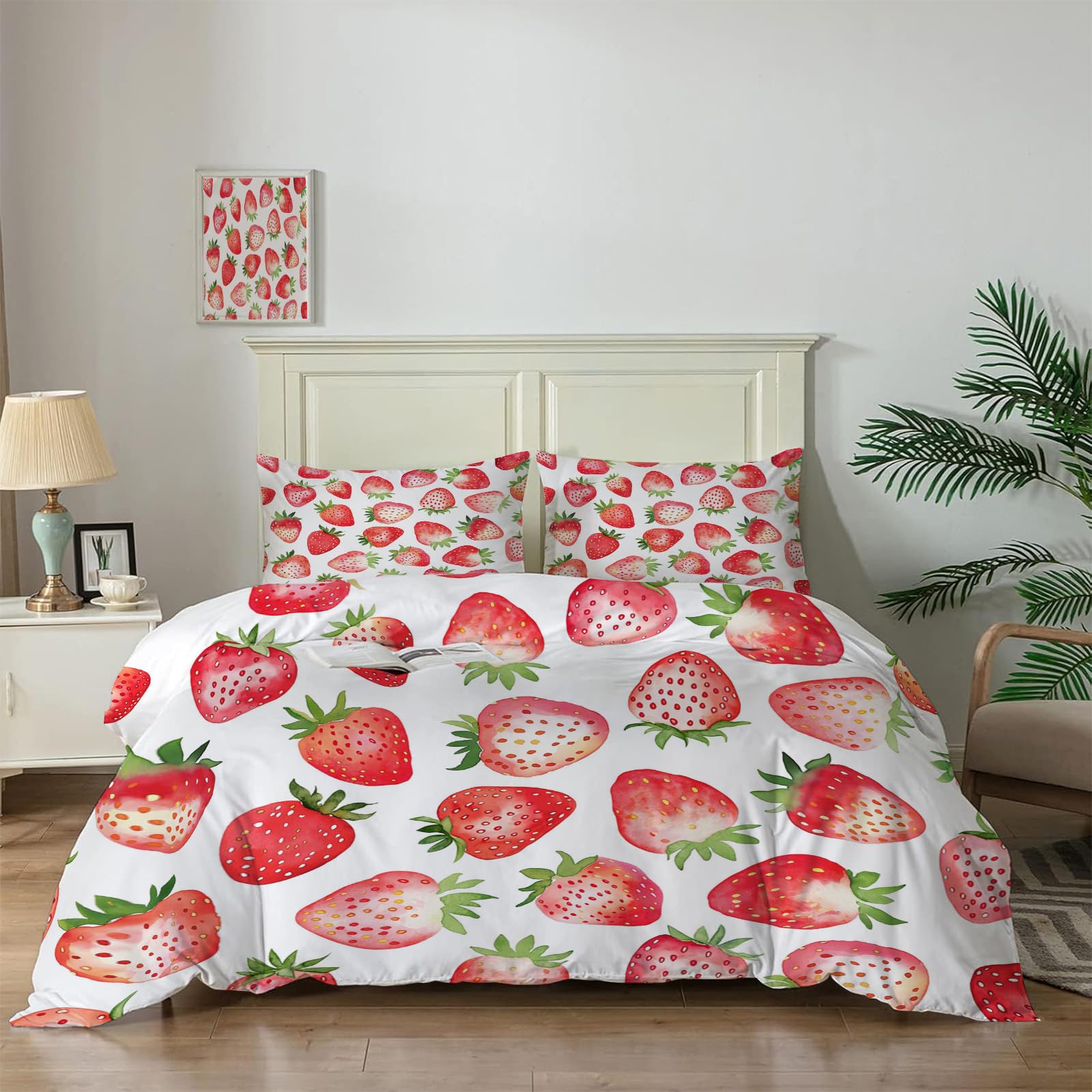 Parure de lit fraise avec housse de couette et 2 taies d'oreiller pour filles