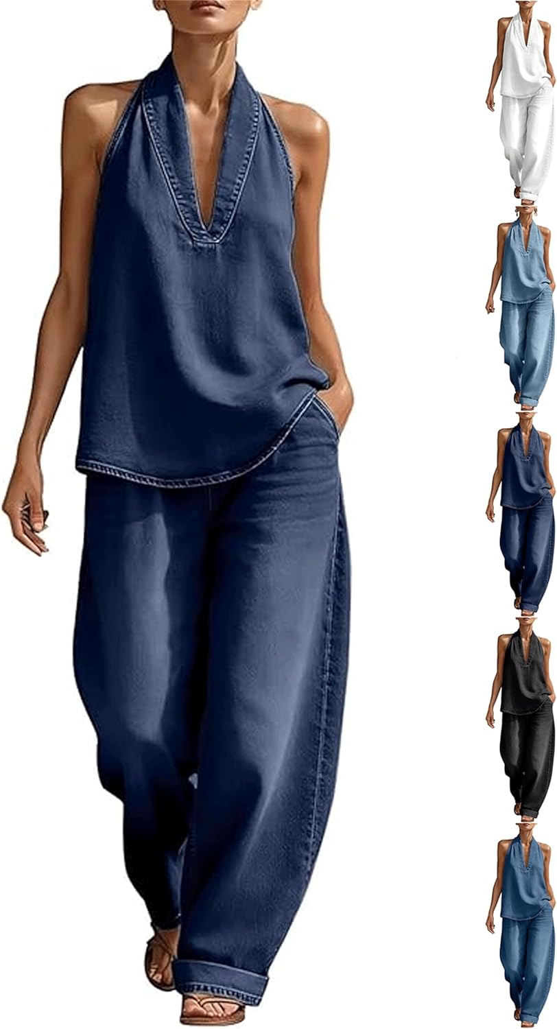Womens 2 Piece Denim Outfits Halter Neck Sleeveless Denim Tops and Wide Leg Jeans Matching Outfits Casual Travel