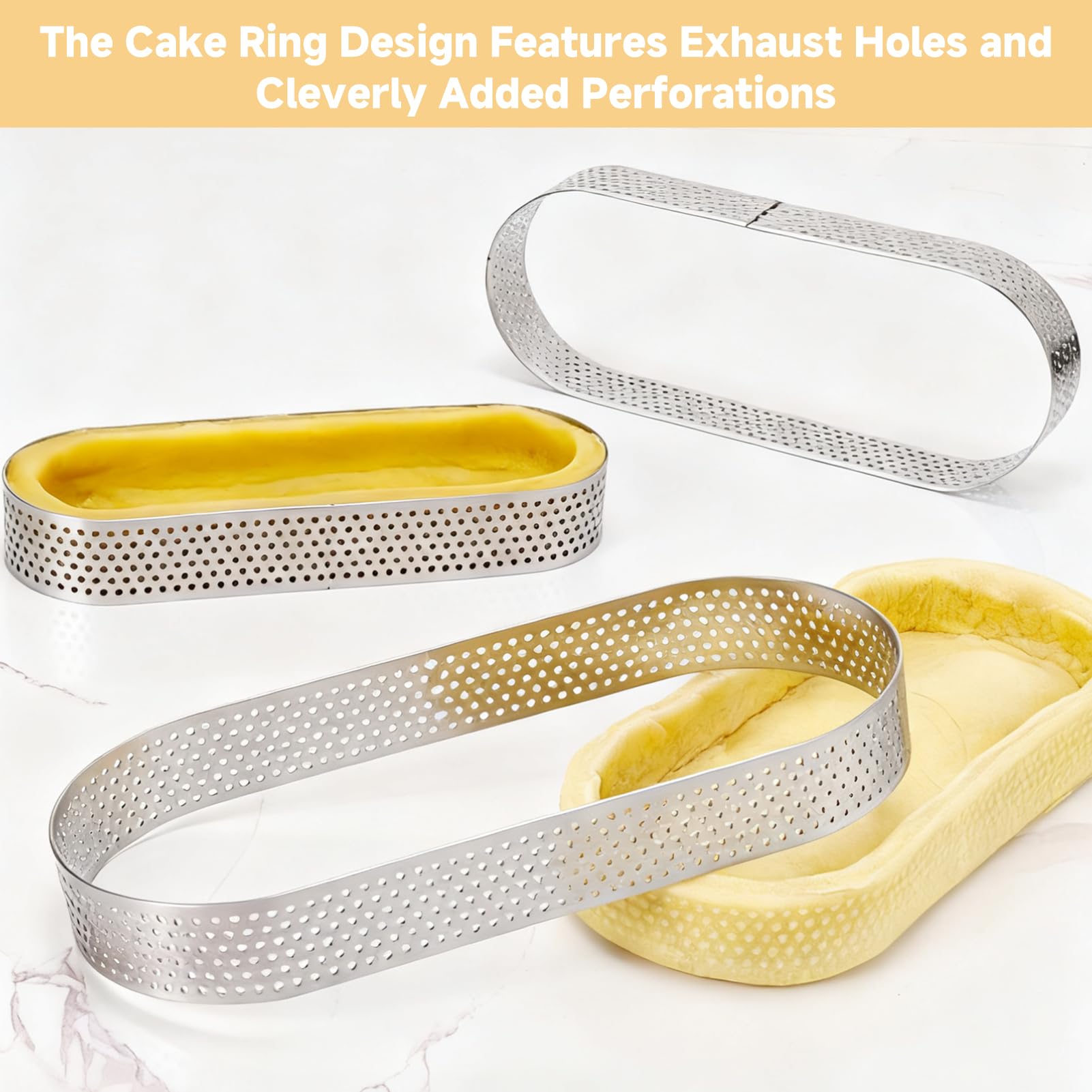 Cerchio per torta anello per torta di pasticceria, set di 6 stampi in acciaio inossidabile a forma ovale, resistenti al calore, perforati per torte in schiuma