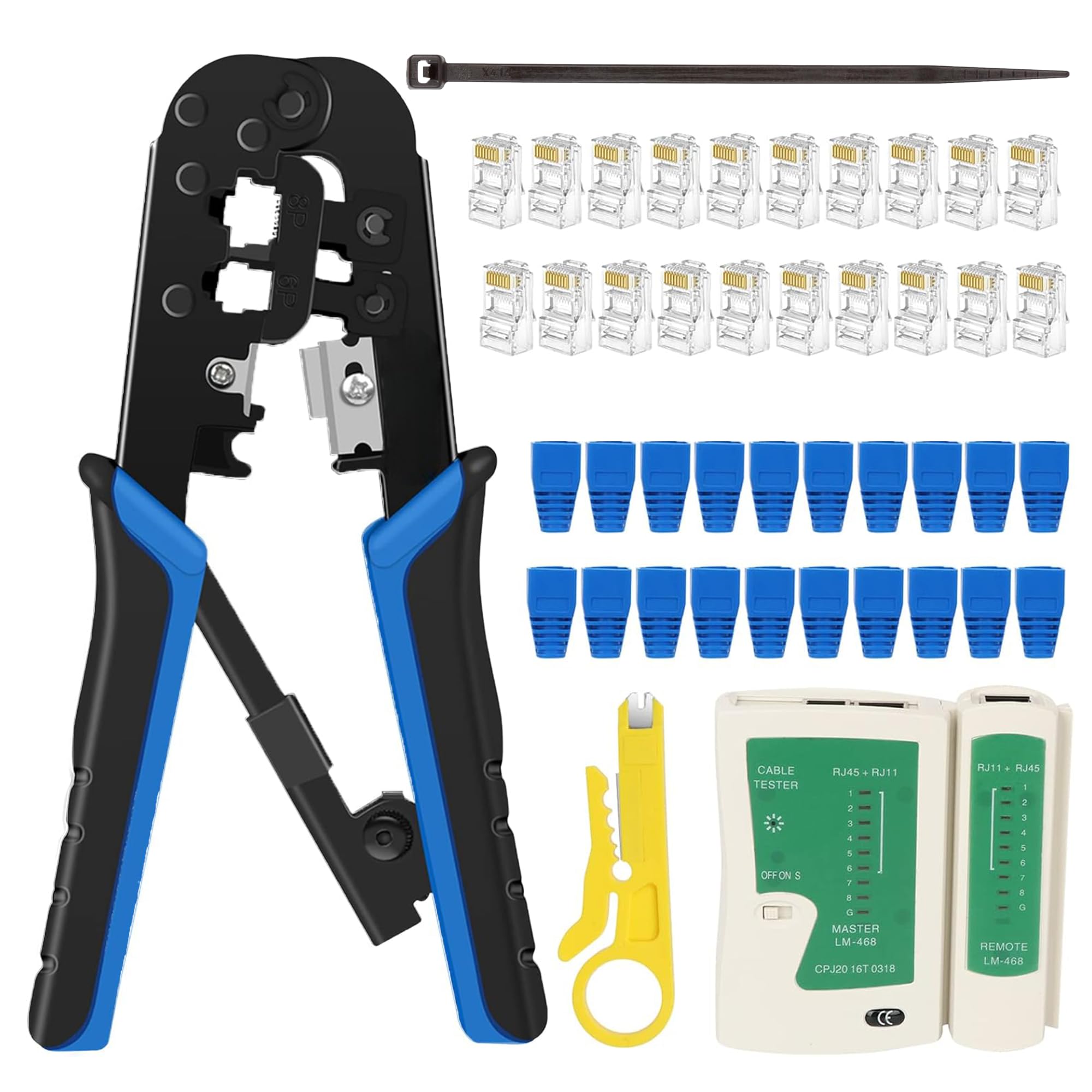 FEDUS RJ45 Crimping Tool Kit, Crimping Tool rj45 Crimping machine for Cat6A Cat5E Cat5 RJ45 Ethernet tool kit, 50PCS rj45 Connector & Boot Covers, Network Lan Tester, Cut and Strip Tool, 25 Cable Ties