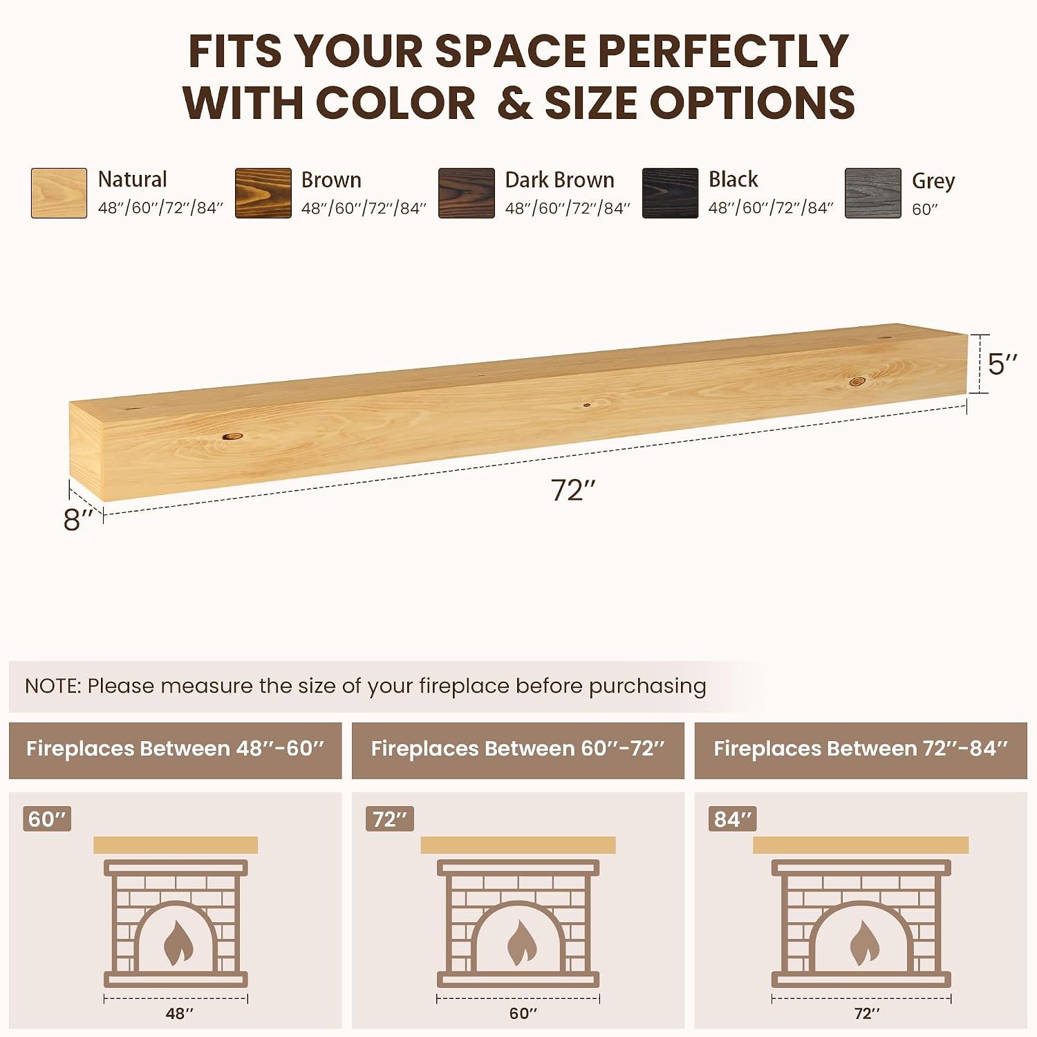 72 X 8 X 5 Fireplace Mantel - Solid Rustic Wood Wall Mounted Floating Shelf - Handcrafted Wood Fireplace Mantels - Floating Fireplace Mantel - Natural