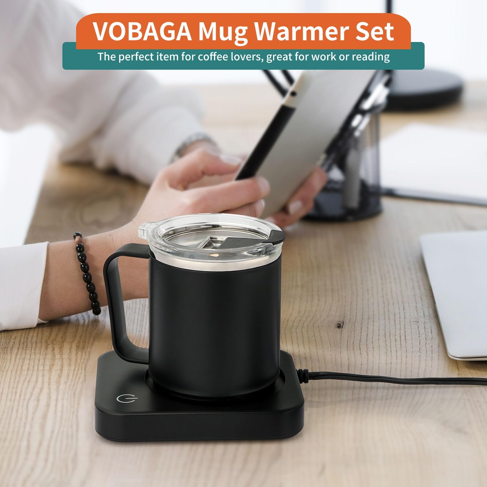 VOBAGA - Juego de Calentador de Tazas de café con Apagado automático, 3 ajustes de Temperatura, Viene con Taza de café de 15 onzas, Calentador de Velas portátil para Accesorios de computadora de