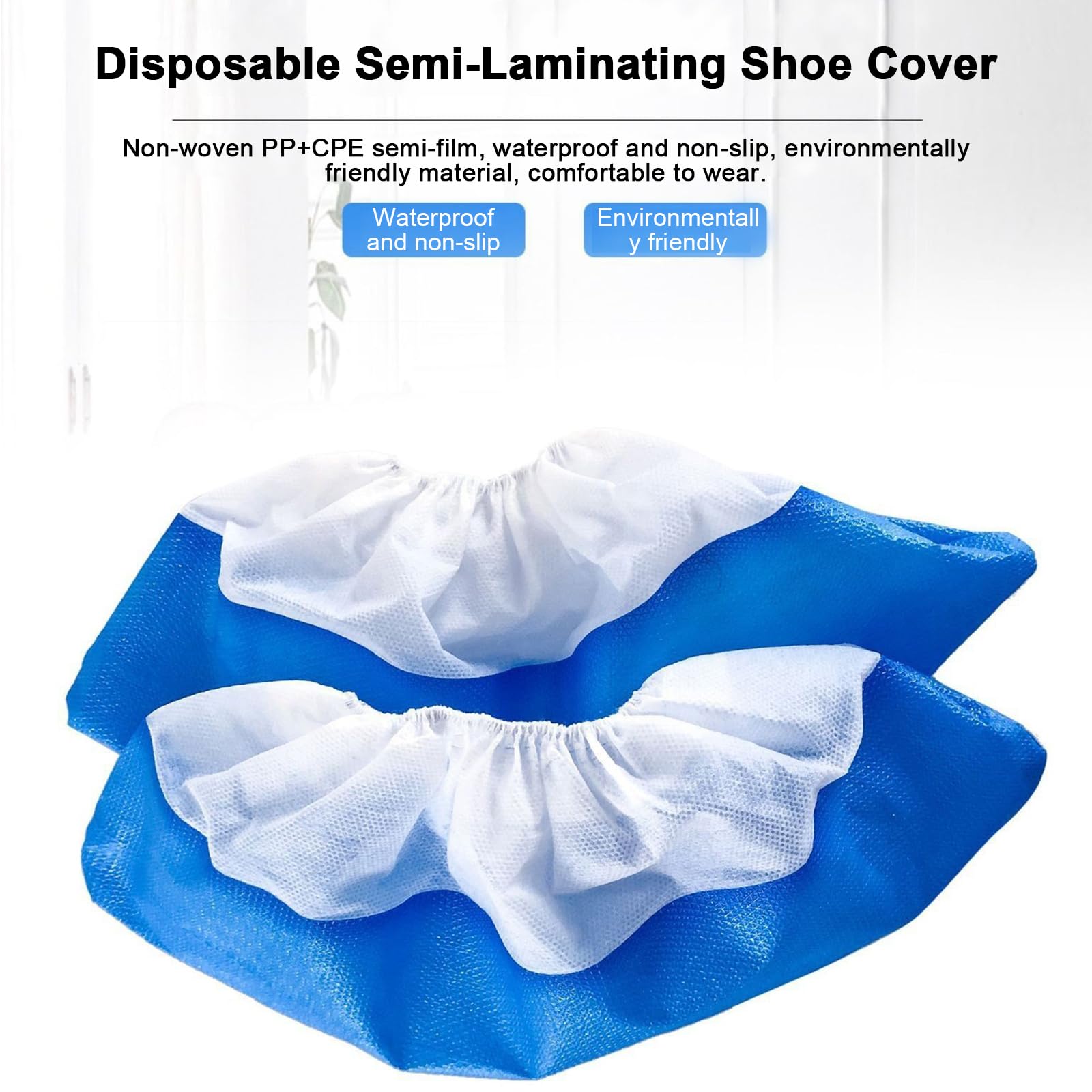 50 x Couvre-chaussures jetables, Couvre-chaussures réutilisables, CPE+PP Couvre-chaussures antidérapant imperméable, bleu/blanc Couvre-chaussures élastiques pour toutes les tailles (9,9g)