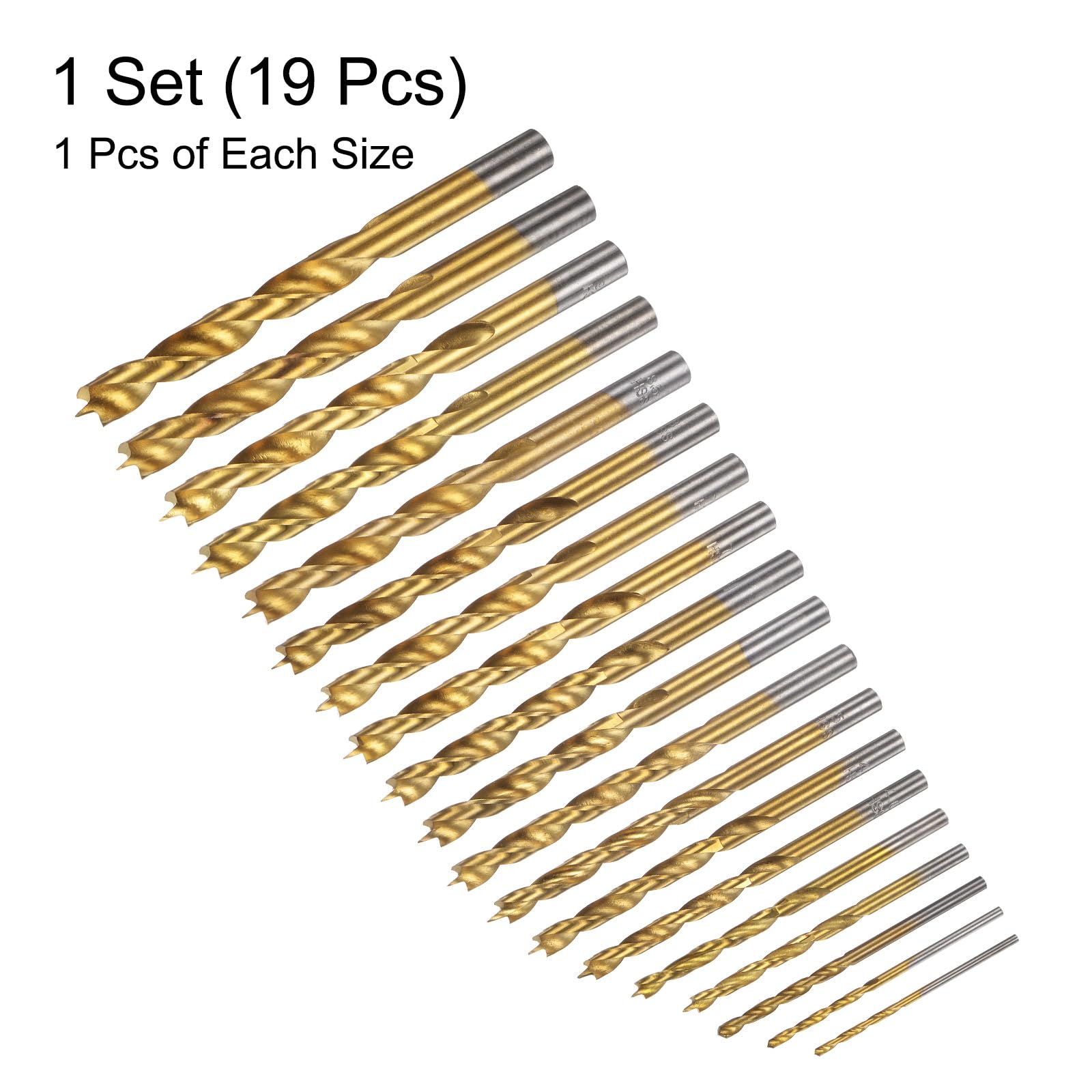 HARFINGTON Juego de 19 brocas de punta de 1,5 mm a 10,5 mm de diámetro, brocas rectas y redondas, brocas en espiral para carpintería, carpintería, plástico, caucho, dorado, 19 en 1
