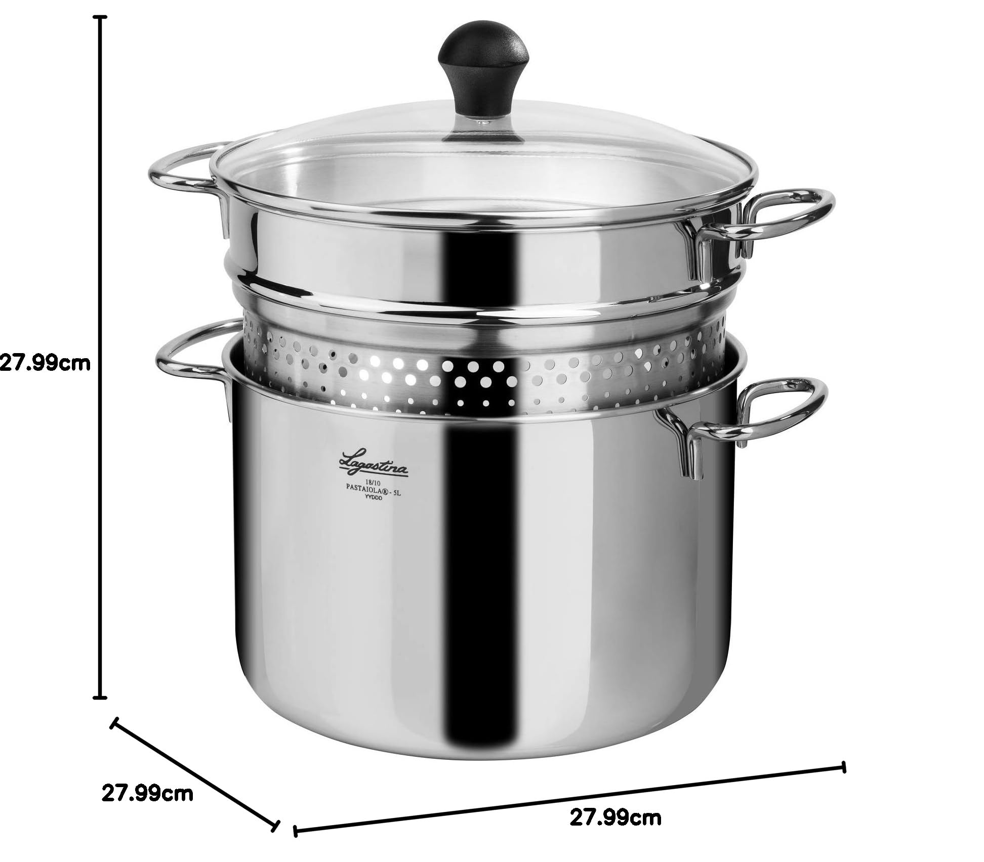 Lagostina Pastaiola In Acciaio Inox 18/10 + Coperchio In Vetro E Cestello Scolapasta, 4.0 - 5.99 litri, Argento, ‎27.99 x 27.99 x 22 cm, 2.5 Kg (Induzione Esclusa)