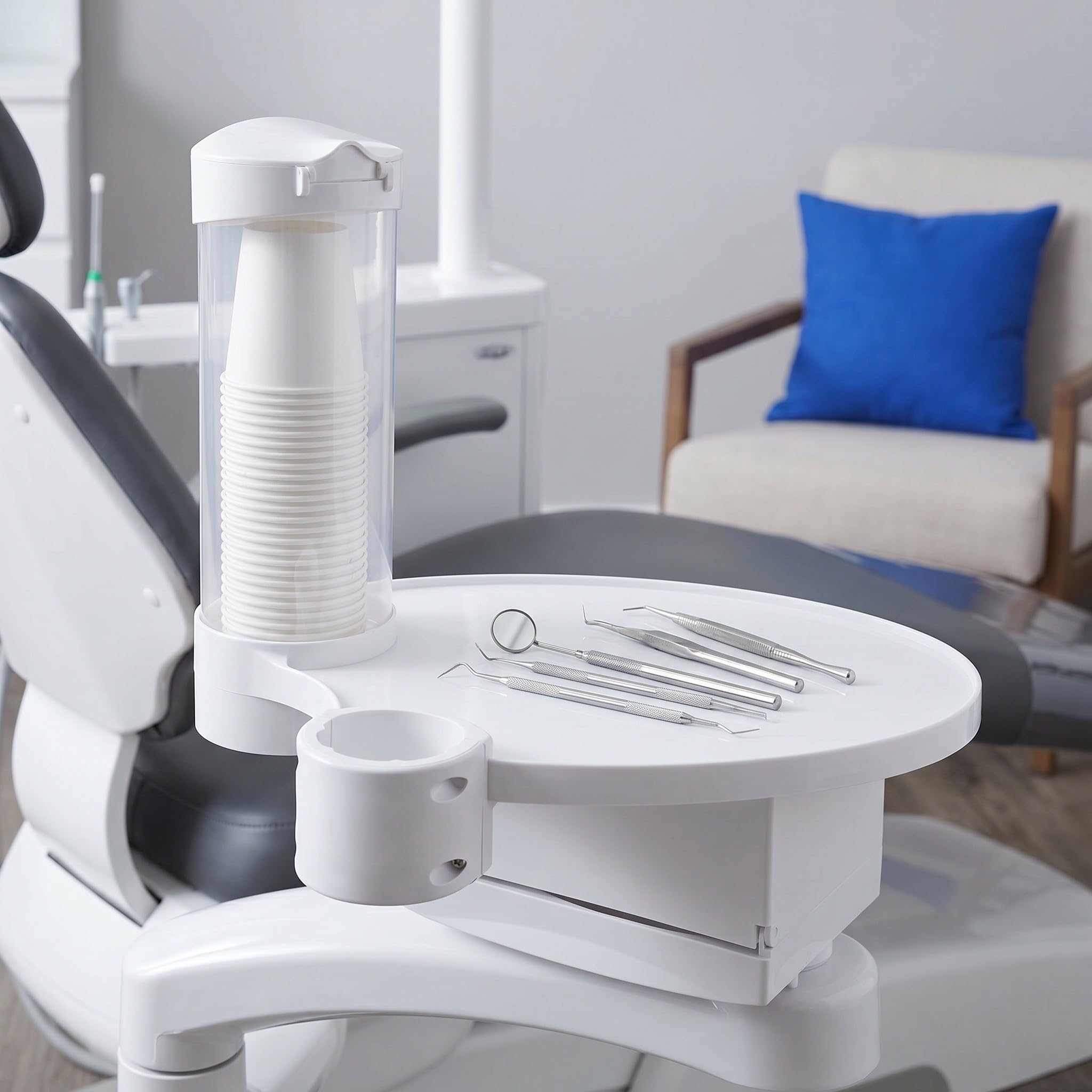 OUNONA Bandeja dental con dispensador de pañuelos: Bandeja multiusos para sillón dental - white. Organizador versátil con portavasos y dispensador de pañuelos para clínica.
