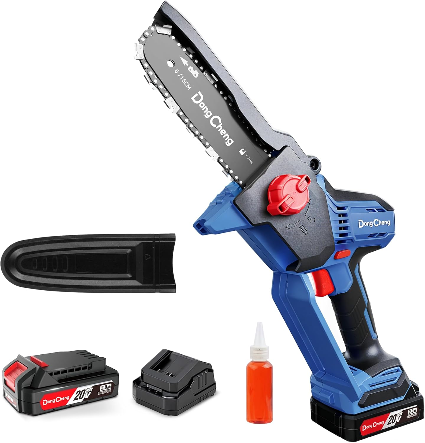 DongCheng 20V Brushless Mini Chainsaw, 6-Inch Cordless Electric Chainsaw with 2.0Ah Battery & Charger, 24000RPM, Auto Oiler, Tool-Free Chain Tension, 2.65 lbs for Wood Cutting, Tree Trimming, DIY