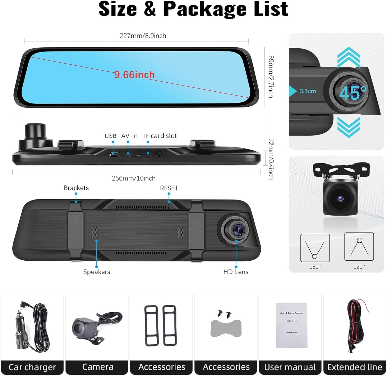 CAMECHO Cámara de visión Trasera Delantera con Espejo de 9,66 Pulgadas y 2,5 K con Tarjeta de 64 GB, cámara de Respaldo con Espejo retrovisor con Pantalla táctil Full HD de 1080P con visión Nocturna