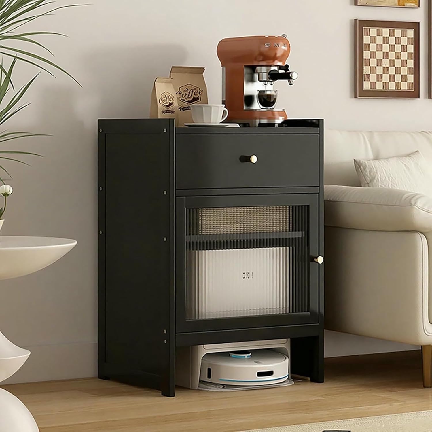 Robot Vacuum Stand Cabinet Sweeping Robot Storage Rack with Acrylic Doors, Hidden Cabinet for Sweeping Robots Removable Shelf End Side Table for Home Office