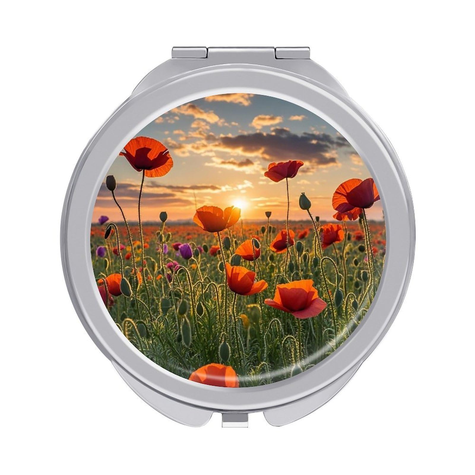 FekiLoot Red Poppy Flower Field in Sunset Travel Makeup Mirror for Women Folding Portable Hand Compact Mirrors Small Round Vanity Mirror 1X/2X Magnifying Metal Pocket Makeup Mirrors
