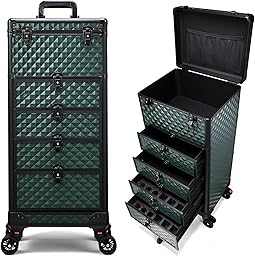 Valise de Maquillage à roulettes, Malette Professionnelle pour Onglerie et Coiffure avec 4 Tiroirs et Système de Verrouillage, Vert foncé