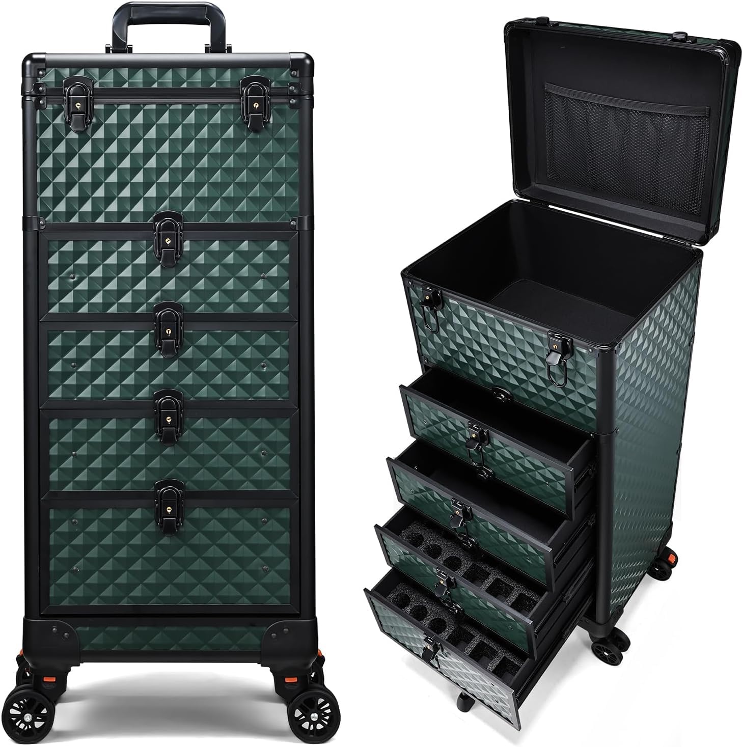 Valise de Maquillage à roulettes, Malette Professionnelle pour Onglerie et Coiffure avec 4 Tiroirs et Système de Verrouillage, Vert foncé - 1