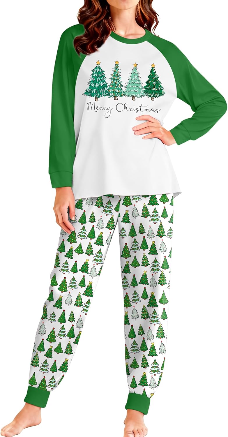 Christmas Pajamas for Women Christmas Tree Long Sleeve Shirts and Pants Merry and Bright Pajamas Set Sleepwear