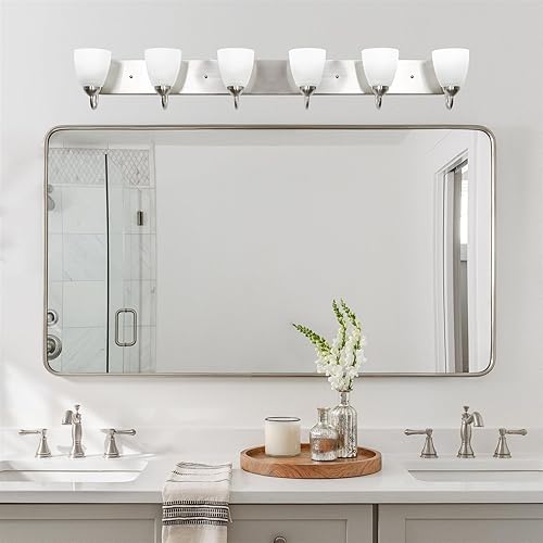 Miniatura 6 de Kira Home Armada - Lámpara moderna para tocador o baño de 48 pulgadas con 6 luces con acabado de níquel cepillado y pantallas de vidrio esmerilado