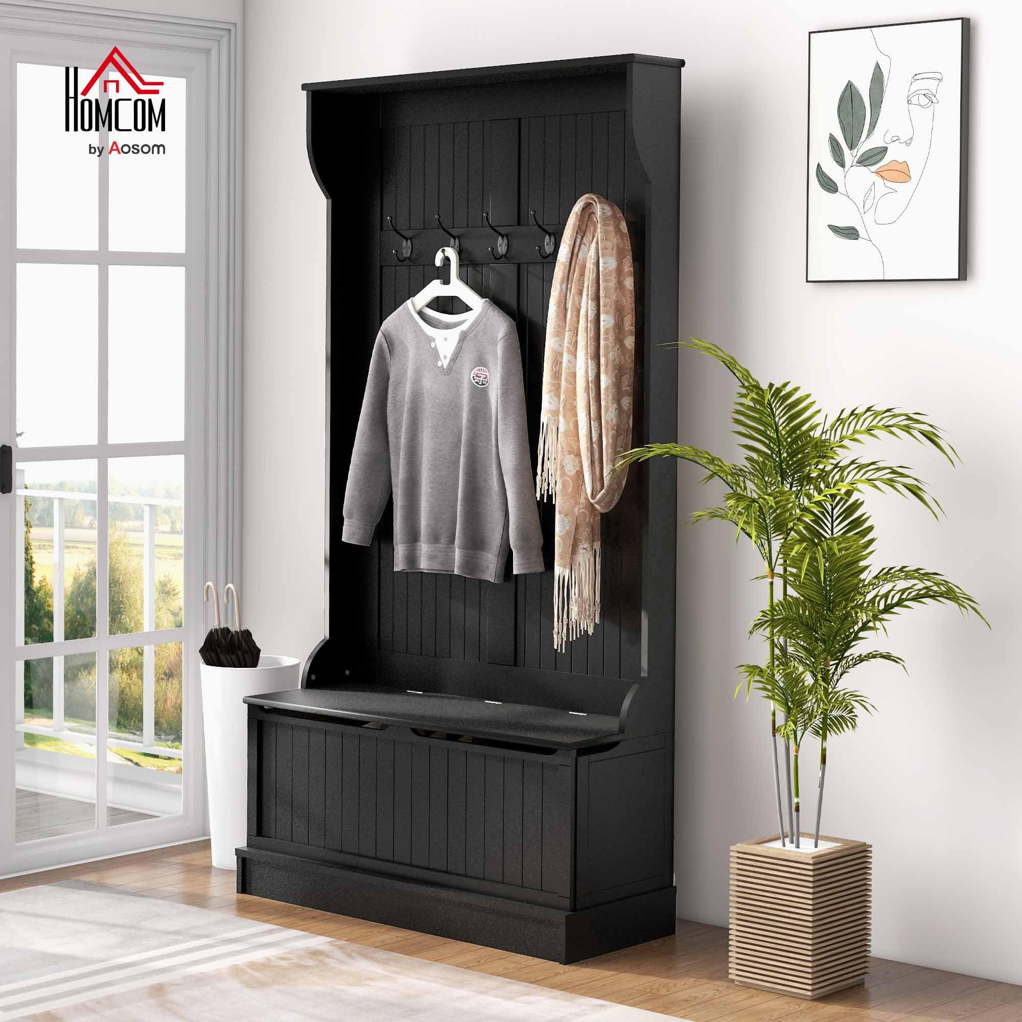 HOMCOM Perchero Zapatero, Perchero Entrada Recibidor con Banco de Almacenamiento y 5 Ganchos, Estilo Moderno, para Pasillo Dormitorio, 96x34x179,7 cm, Negro