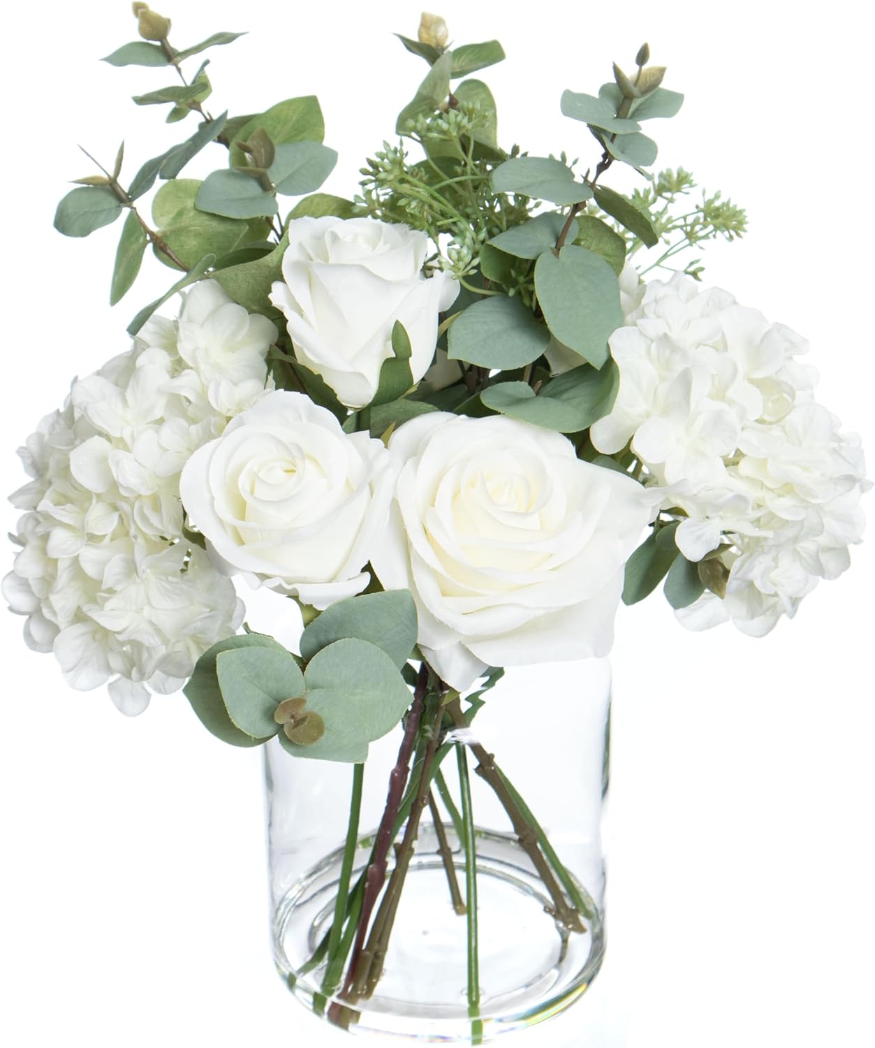 Ashland 13.5" Premade White Hydrangea, Rose & Eucalyptus in Glass Vase, Spring Floral for Crafting and Home Decor