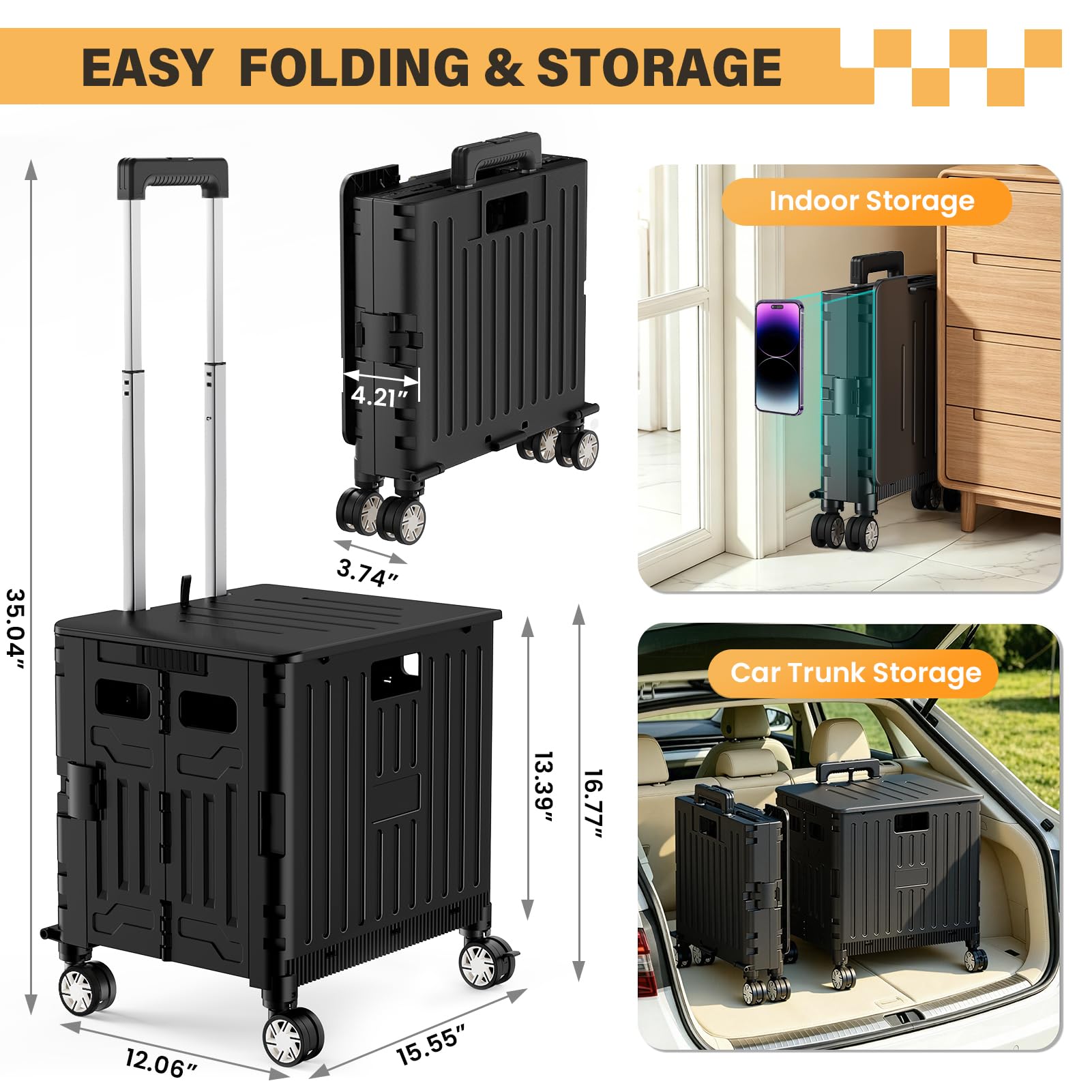 SUNALLY Carrello pieghevole portatile con ruote bloccabili, coperchio, cassetta degli attrezzi pieghevole per la spesa, viaggi, giardino, negozio, ufficio, bagagli, insegnante, nero