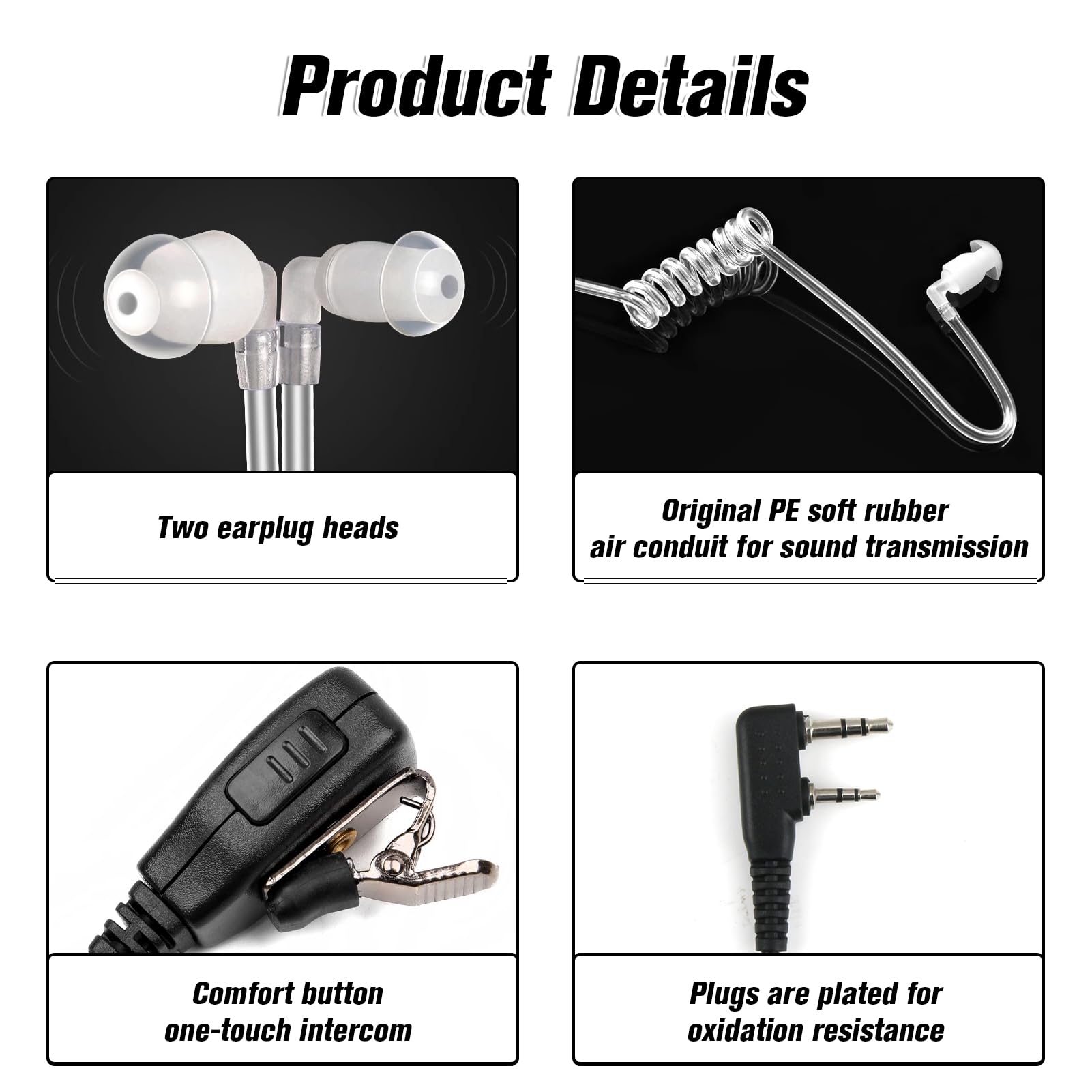 Oreillette Talkie-walkie 2 Broches Avec Bouton PTT - 150 Cm - Compatible Kenwood, Baofeng, Retevis