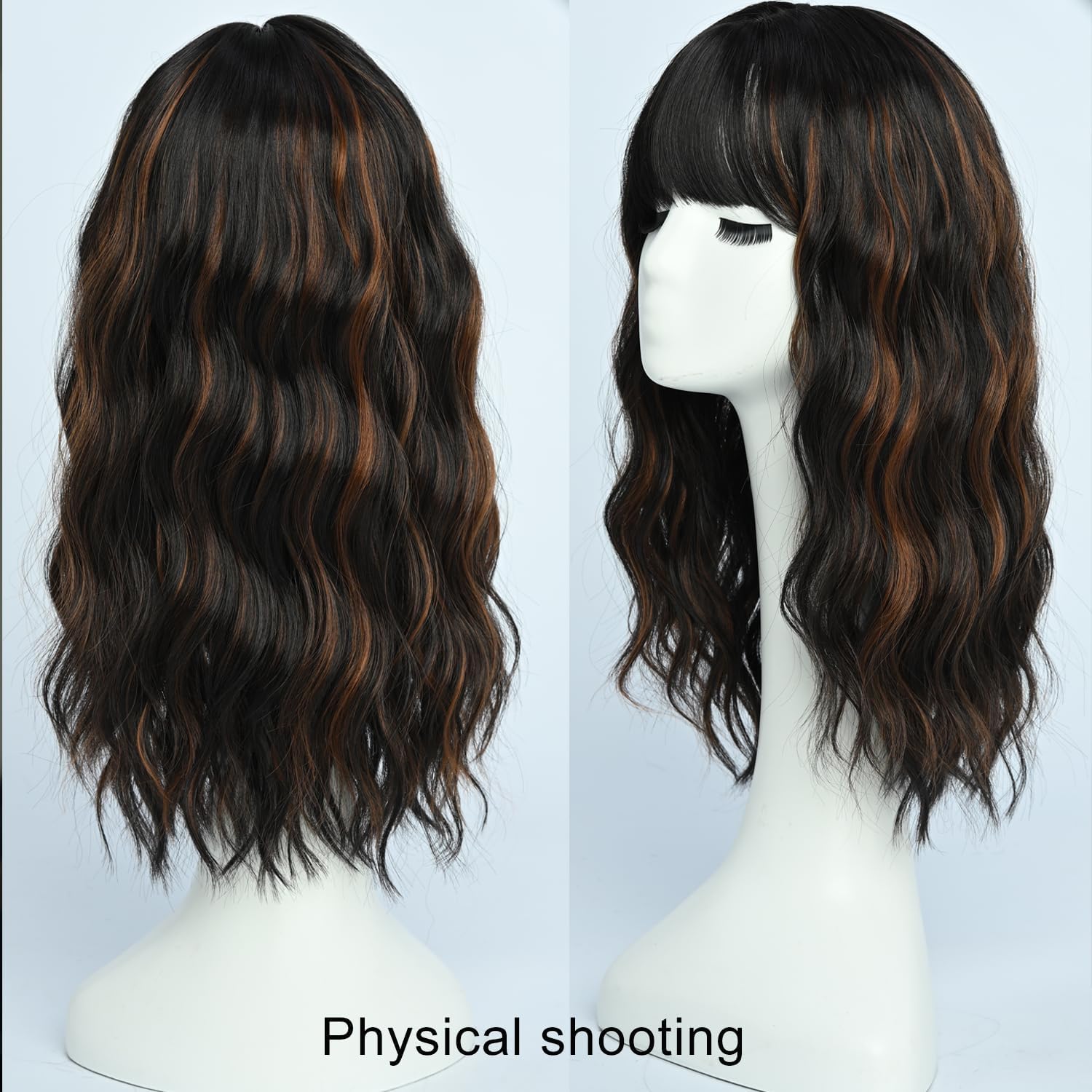 SIMKAYLEE Medium Length Wavy Dark Brown Wig Highlights with Bangs for Women Mid Length Brown Highlighted Wigs with Fringe Long Wave Brown Synthetic Fiber Wig for Daily Party Use (16 inch) - Image 2