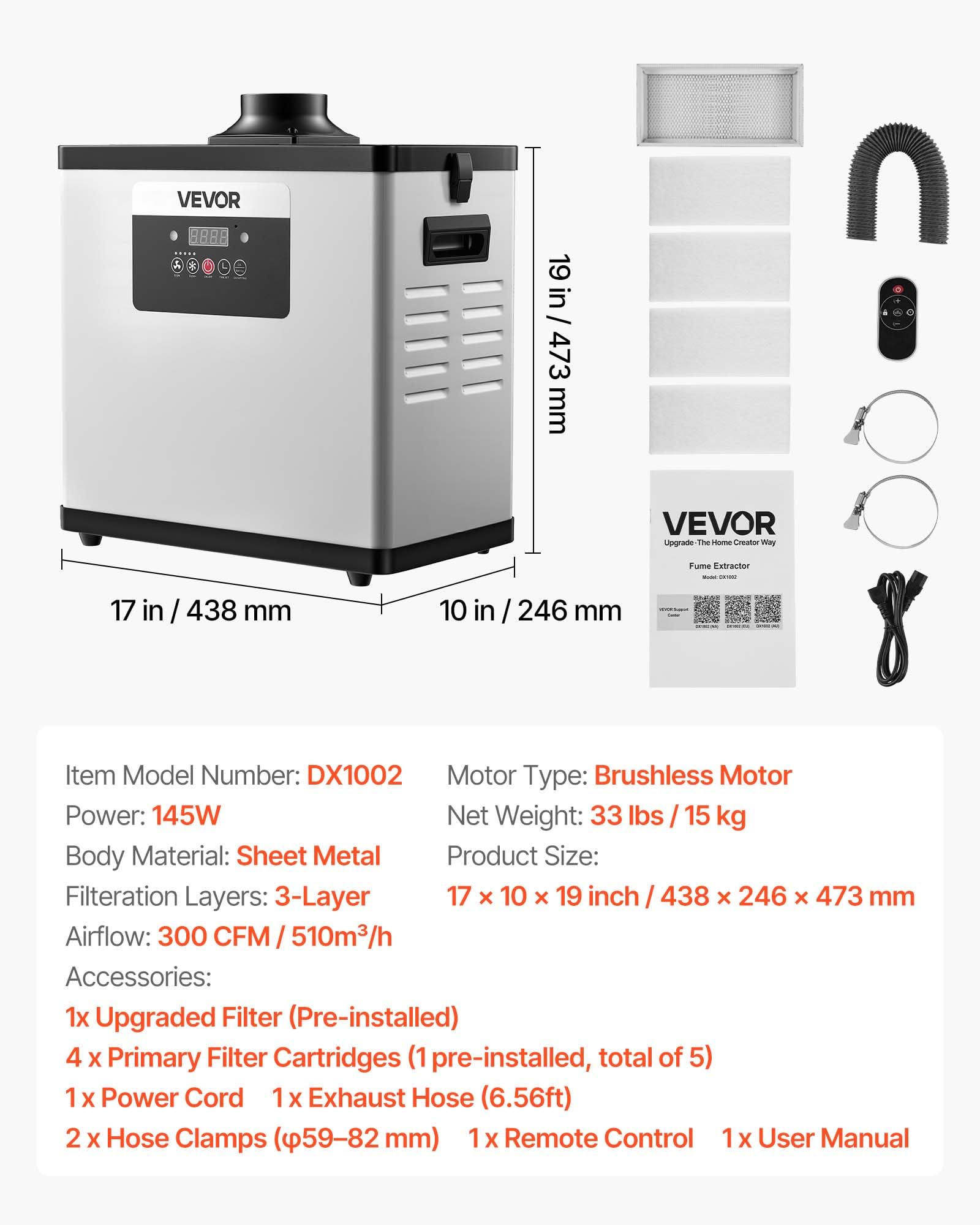 VEVOR Extractor de Humos de Soldadura 145 W Flujo de Aire de 510 m³/h, Absorbedor de Humos de Soldadura con Motor sin Escobillas, 10 Velocidades, Control Remoto, para Grabado Láser, Impresión 3D