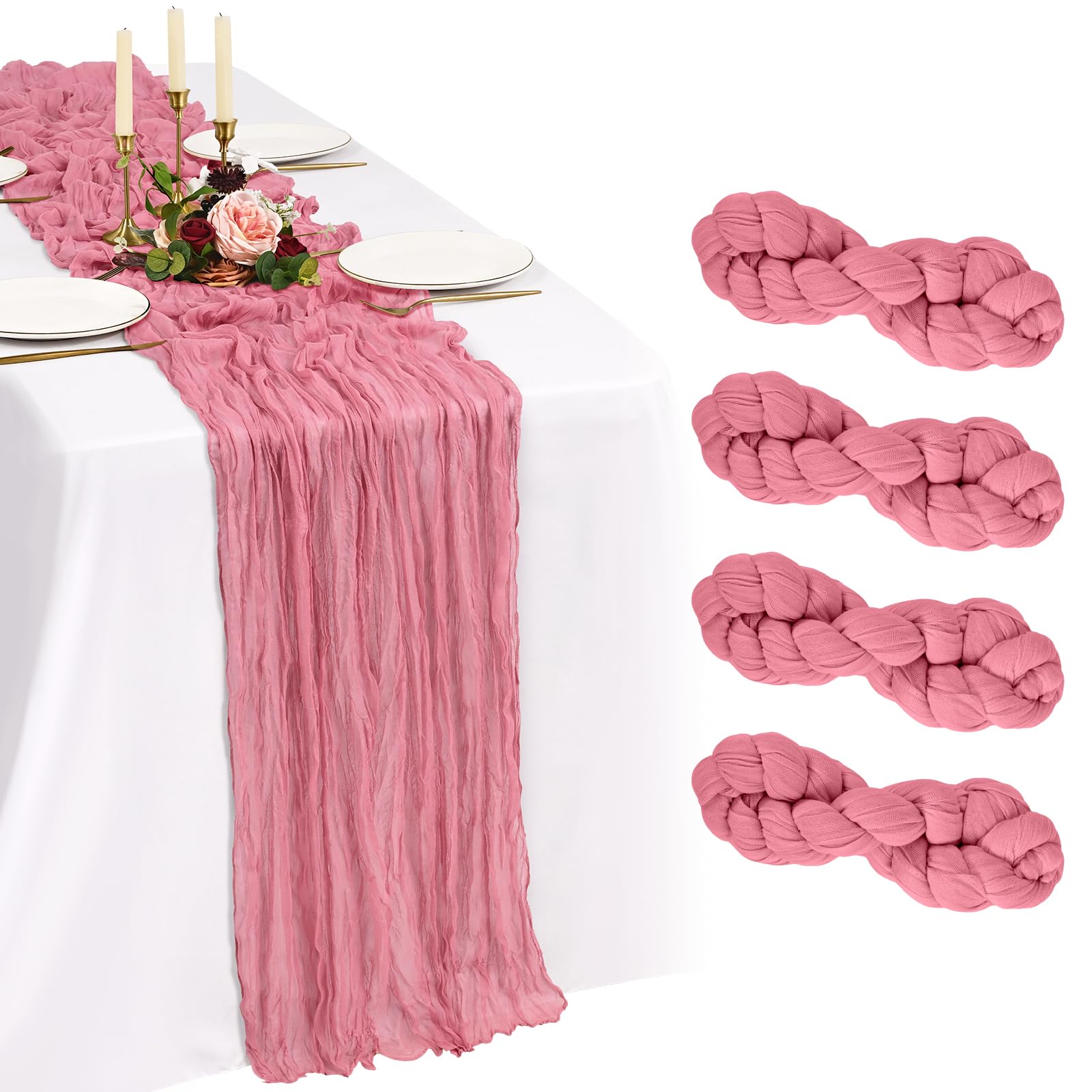 Showgeous Dusty Rose Cheesecloth Table Runner 90x300cm, Boho Gauze,4 Pack
