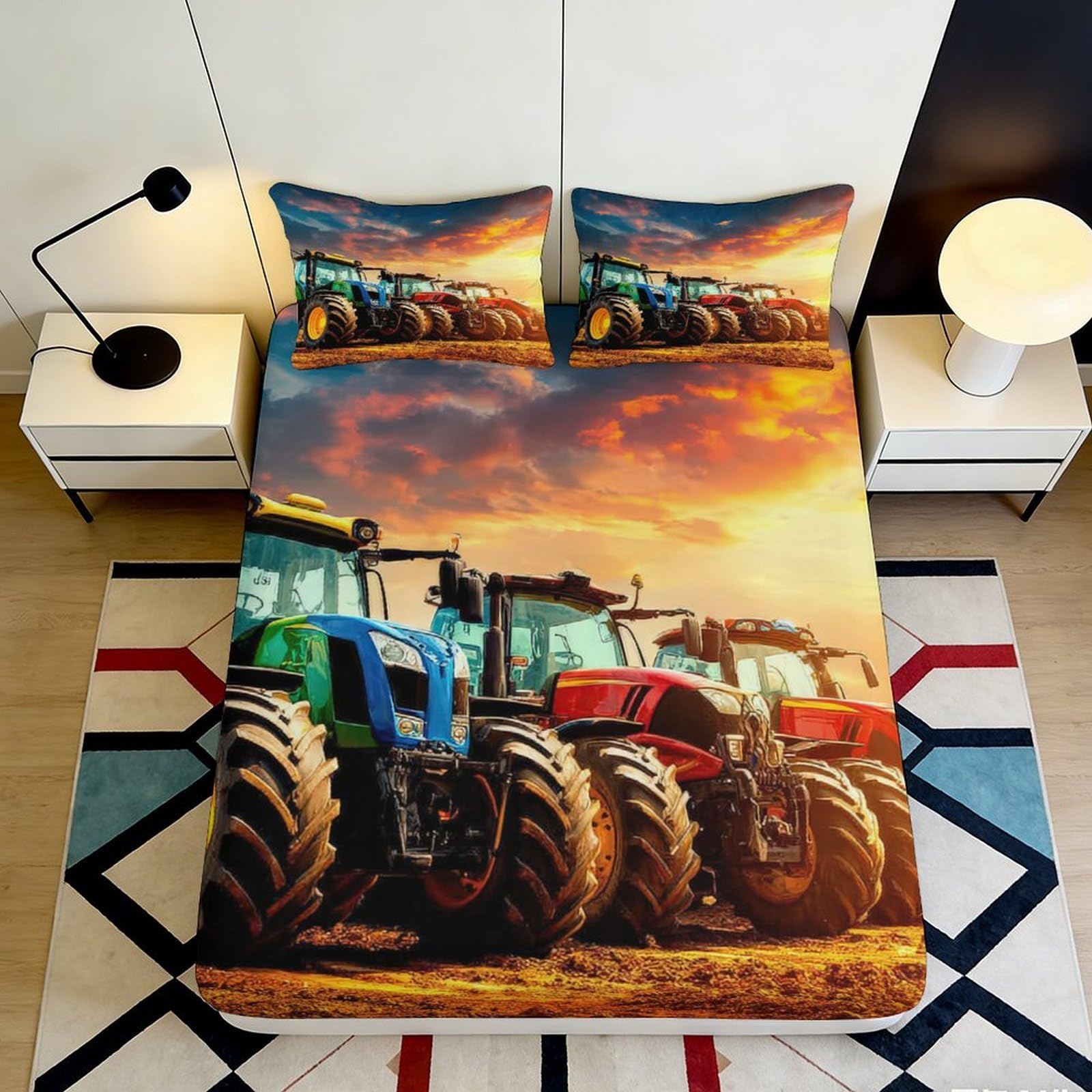 3D Printed Tractor Sunset Fitted Sheet Microfiber Soft Breathable Farm Machinery Bed Cover for Bedroom Guestroom 90x200x25cm