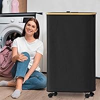 Vista 2 de SUOCO Cesta de lavandería con ruedas 100L, canasta de ropa con tapa y asas de bambú, cesta plegable para la ropa sucia para dormitorio, baño, Negro