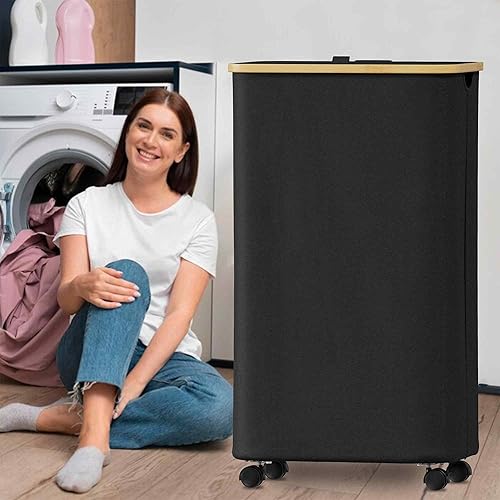 Miniatura 7 de SUOCO Cesta de lavandería con tapa, cesta de ropa de 29 galones (110 litros) con asas de bambú, cesta grande plegable para la ropa sucia para