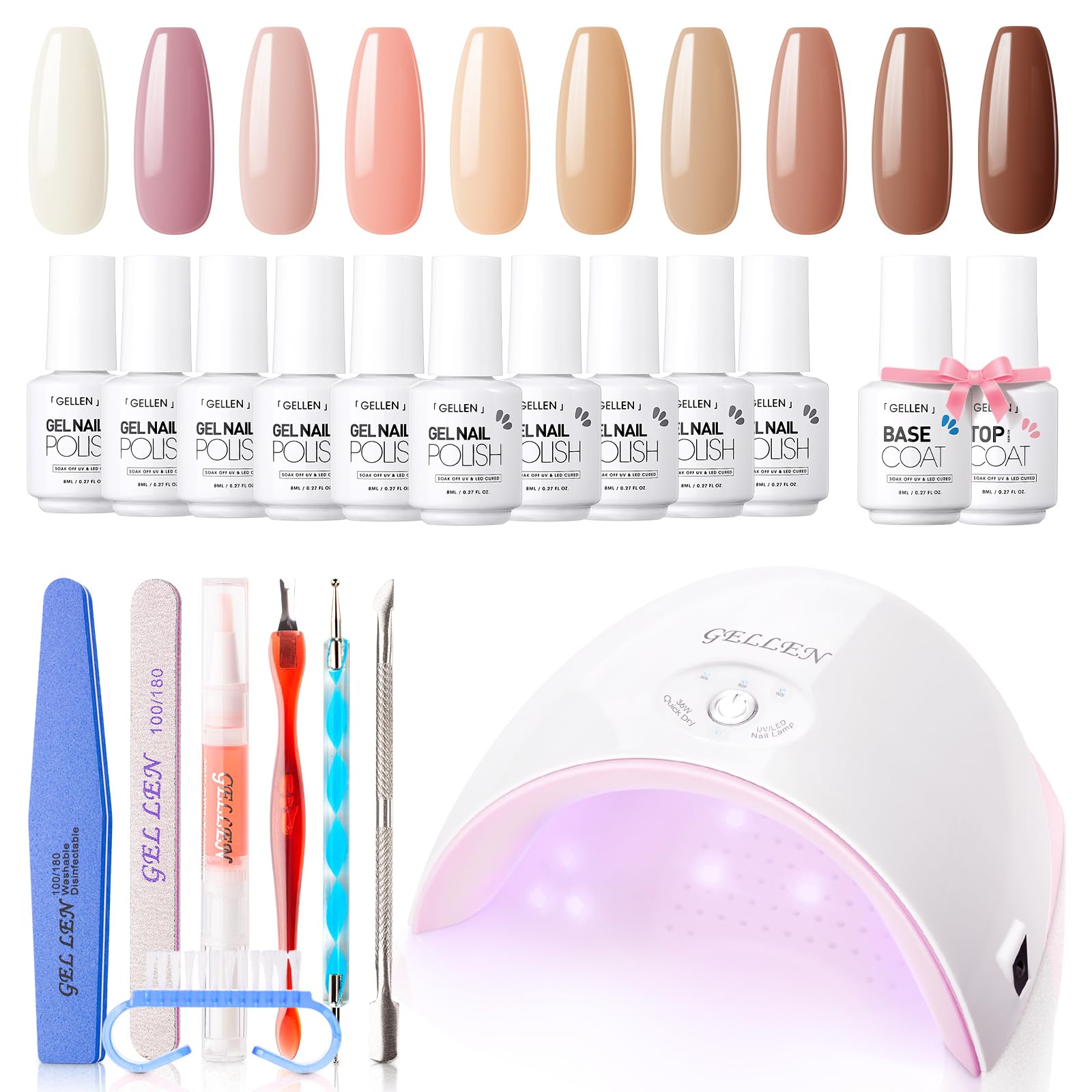 Gellen Gel Nail Polish Kit with UV light, 10 Colors White Brown Gel Polish Kit, 36W Nail Dryer&Base Top Coat, All-In-One Gel Manicure Starter Kit, Salon/Home DIY Nail Art Tools