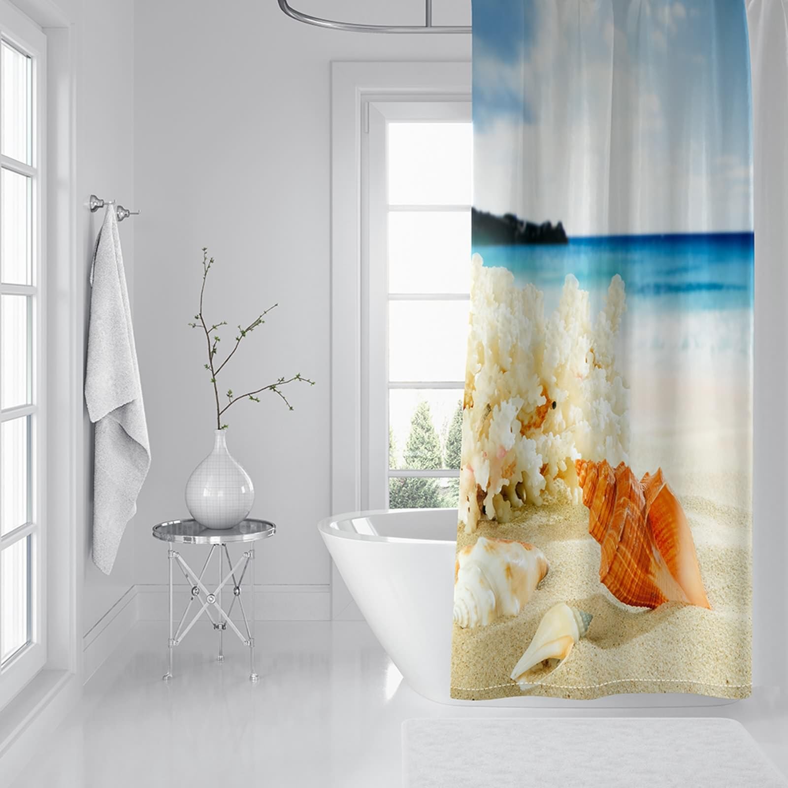 Zasłona prysznicowa 180 wysokości, 120 x 180 cm poliester Coral Shell Sea Beach zasłona wanna ze wzmocnionymi otworami na guziki, niebiesko-beżowa