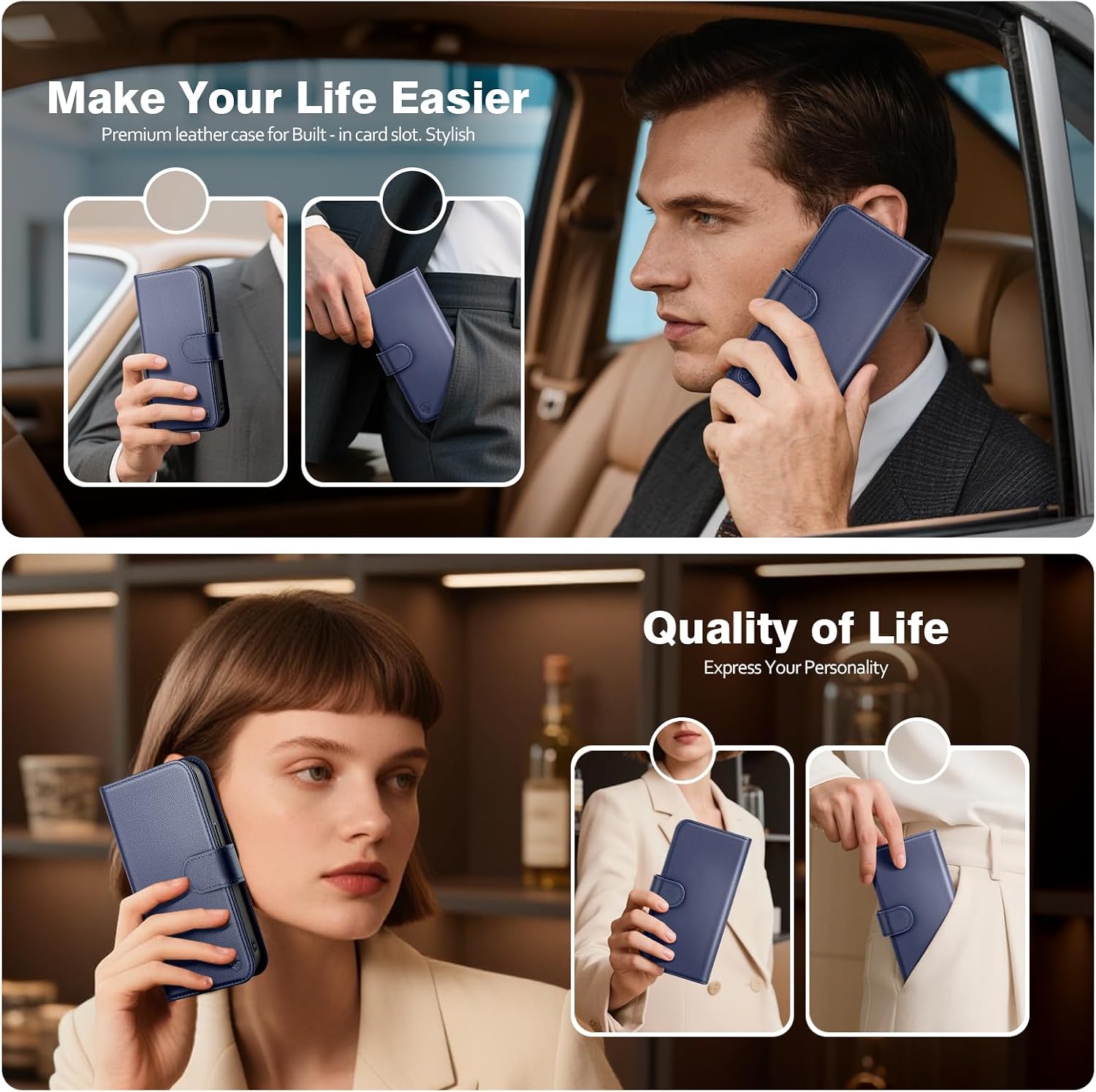 Magnetic 2 in 1 Detachable Compatible with Magsafe iPhone 14 Genuine Wallet Case with Card Holder,Women Men Real Leather Flip RFID Blocking Credit Card Slots Stand Phone Cover,Dark Blue