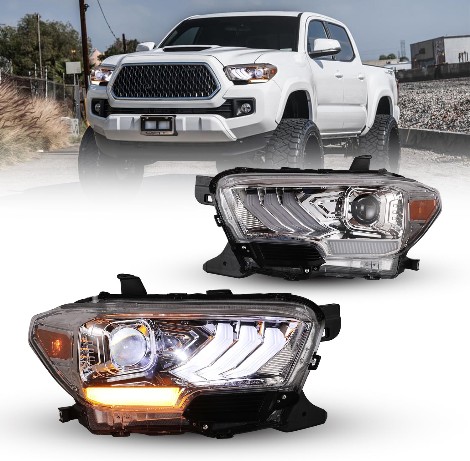 CPW Headlights Compatible with 2016-2019 Tacoma 2020-2023 Tacoma SR SR5 TRD Sport models only Projector Replacement Pickup Headlamp Assembly Chrome Housing Clear Lens