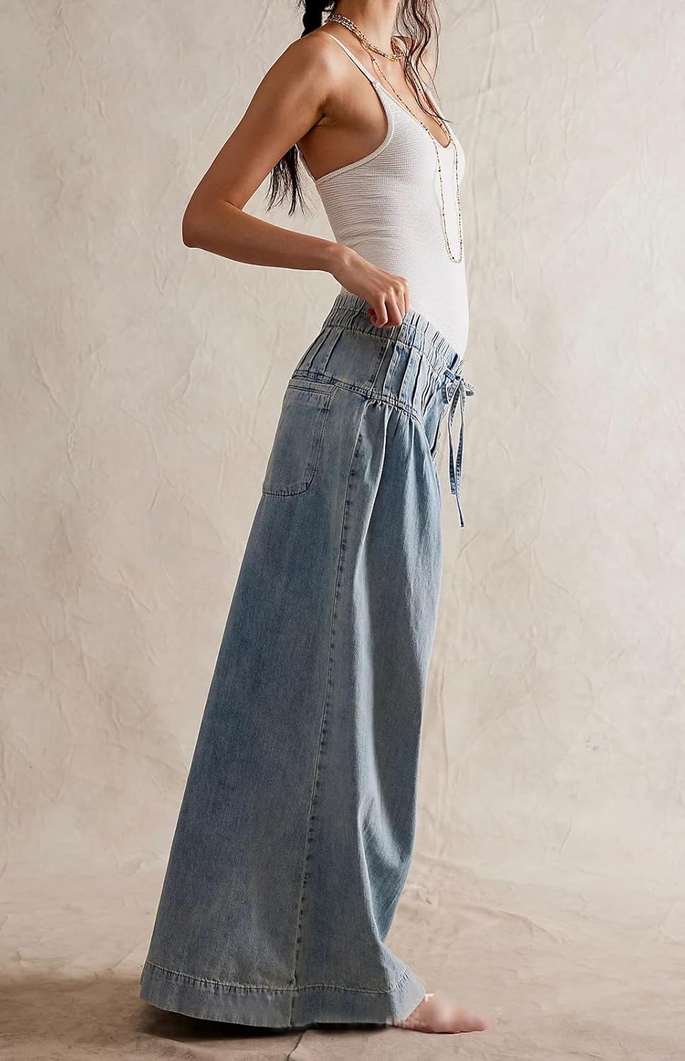 loveimgs Women Y2k Pleated Baggy Jeans Elastic Waist Wide Leg Denim Pants Palazzo Cargo Barrel Jeans Drawstring - Image 4
