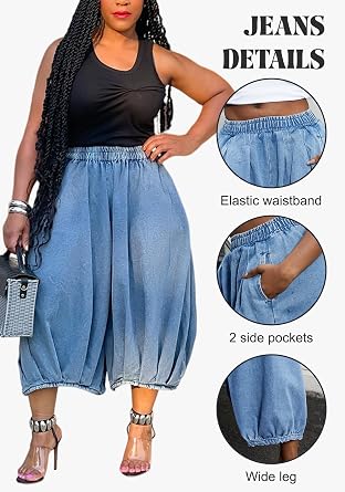 LKOUS Baggy Jeans for Women Wide Leg Plus Size Elastic Waist Barrel Denim Pants Trousers with Pockets