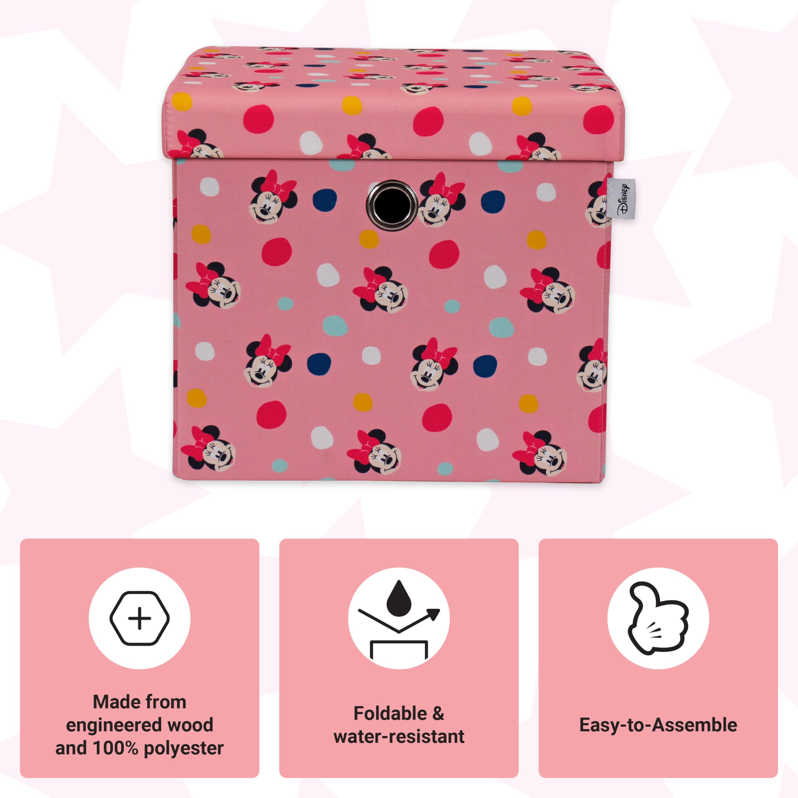 Disney Classic Minnie Mouse Caja de almacenamiento plegable con diseño de otomana, cofre de juguetes cuadrado con tapa para niñas, taburete para los pies, puede soportar hasta 30 kg, rosa