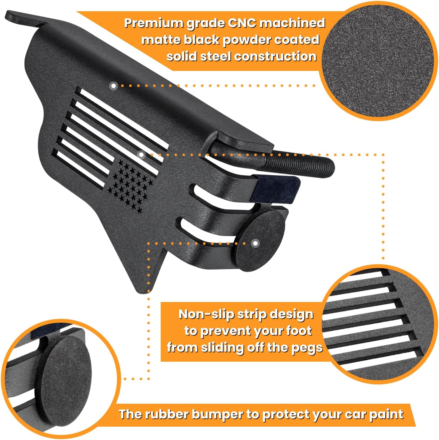 Front Foot Pegs For Jeep Wrangler 2007-2025 JK JL Gladiator JT Exterior Door Hinge Rest Pedals Foot Rest Kick Panels Accessories with US Flag Metal Black Powder Coating (2 PACK)